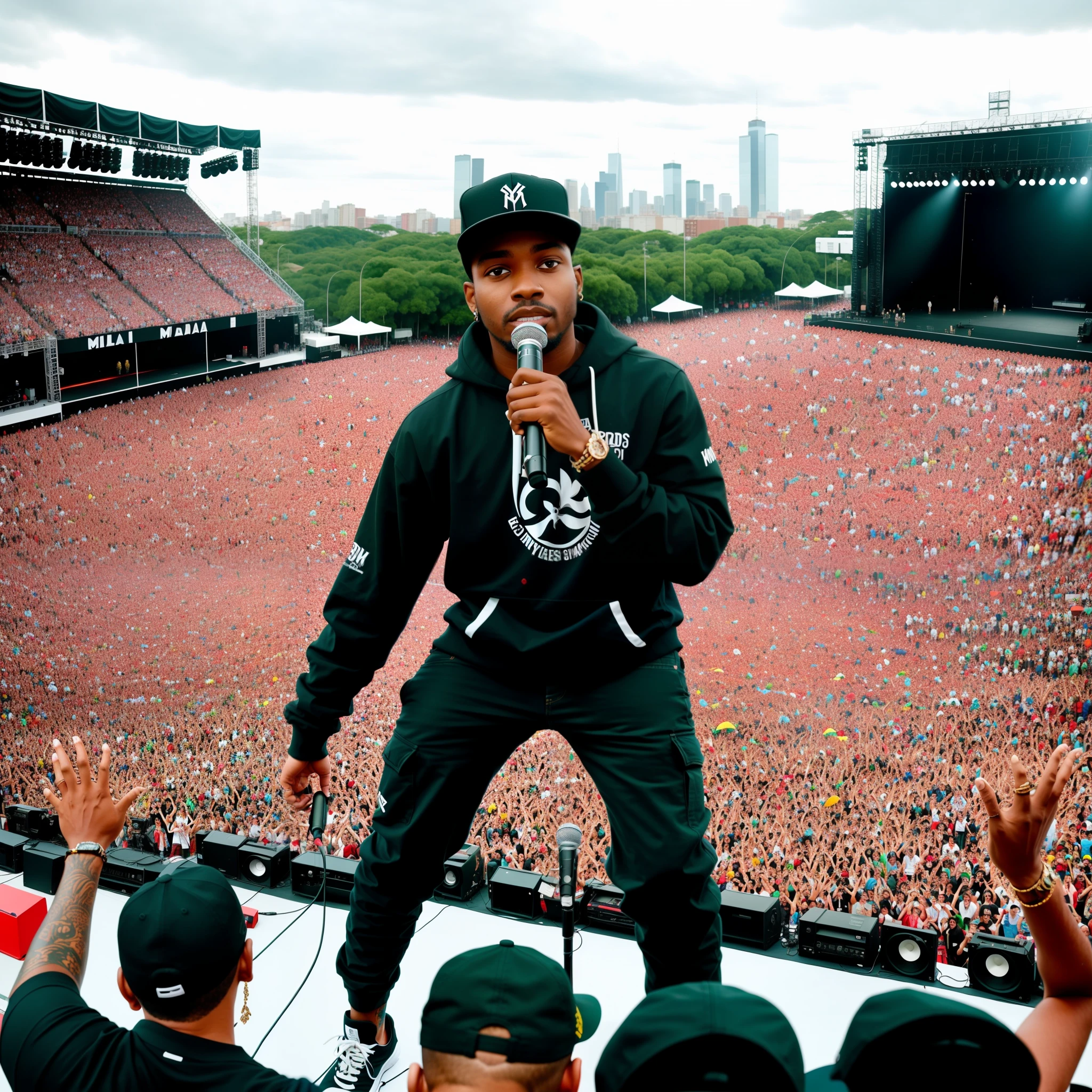 Carl no palco do bairro do Brooklyn com a galera ao fundo no show, rap no palco do festival, se apresentar no palco, foto ainda, no palco, rapper, nos corpos escrever Obedecer por dcenmusic design claro e bonito, the scene unfolds with a sunset in the background, the arm raised towards the crowd does not cover,  Moldura preta iluminada por baixo, filmagem completa do palco, foto do concerto, no palco, 2023, 2 0 2 3, 4k