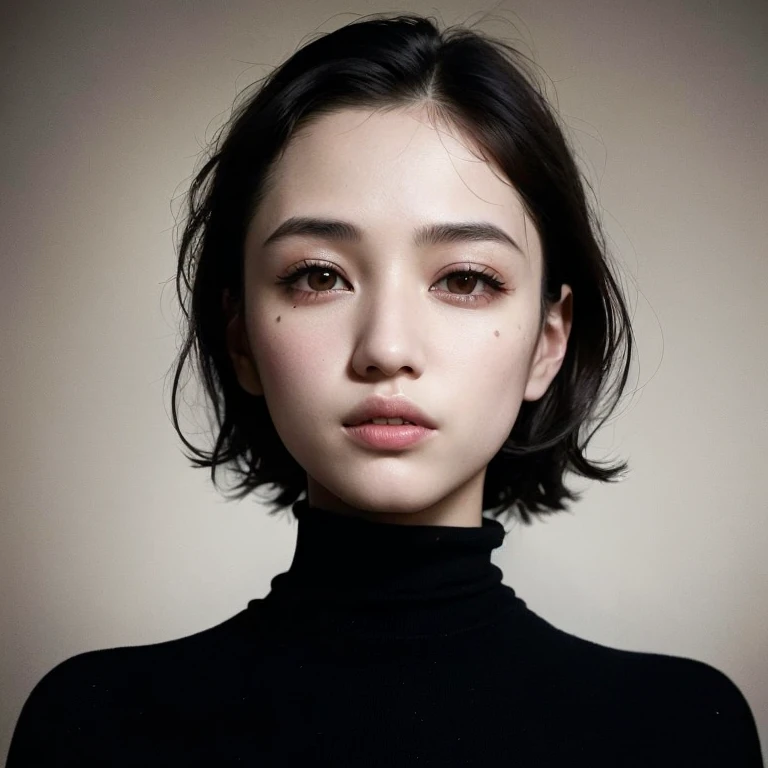 There is a woman wearing a black turtleneck shirt and a black tie., kiko mizuhara, With long hair, korean symmetrical face, girl cute-fine-face, Japanese Models, the face of a beautiful Japanese girl, south east asian with round face, korean face features, portrait cute-fine-face, Young adorable Korean face, beautiful Korean women