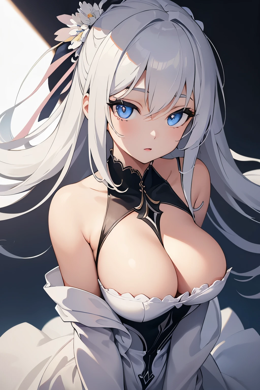 1girl, anime, cute girl, blank background, white background, fantasy, detailed dark fantasy dress with highlights, beautiful face, beautiful eyes, dark colors, silver hair, slightly small breasts, slight cleavage, beautiful skin, cute, breast curtains, extremely delicate and beautiful, (beautiful detailed face:1.0), (detailed deep eyes), symmetrical breasts, deep eyes, shiny skin, portrait, slender waist, hips wider than shoulders, thighs, young girl, expressionless