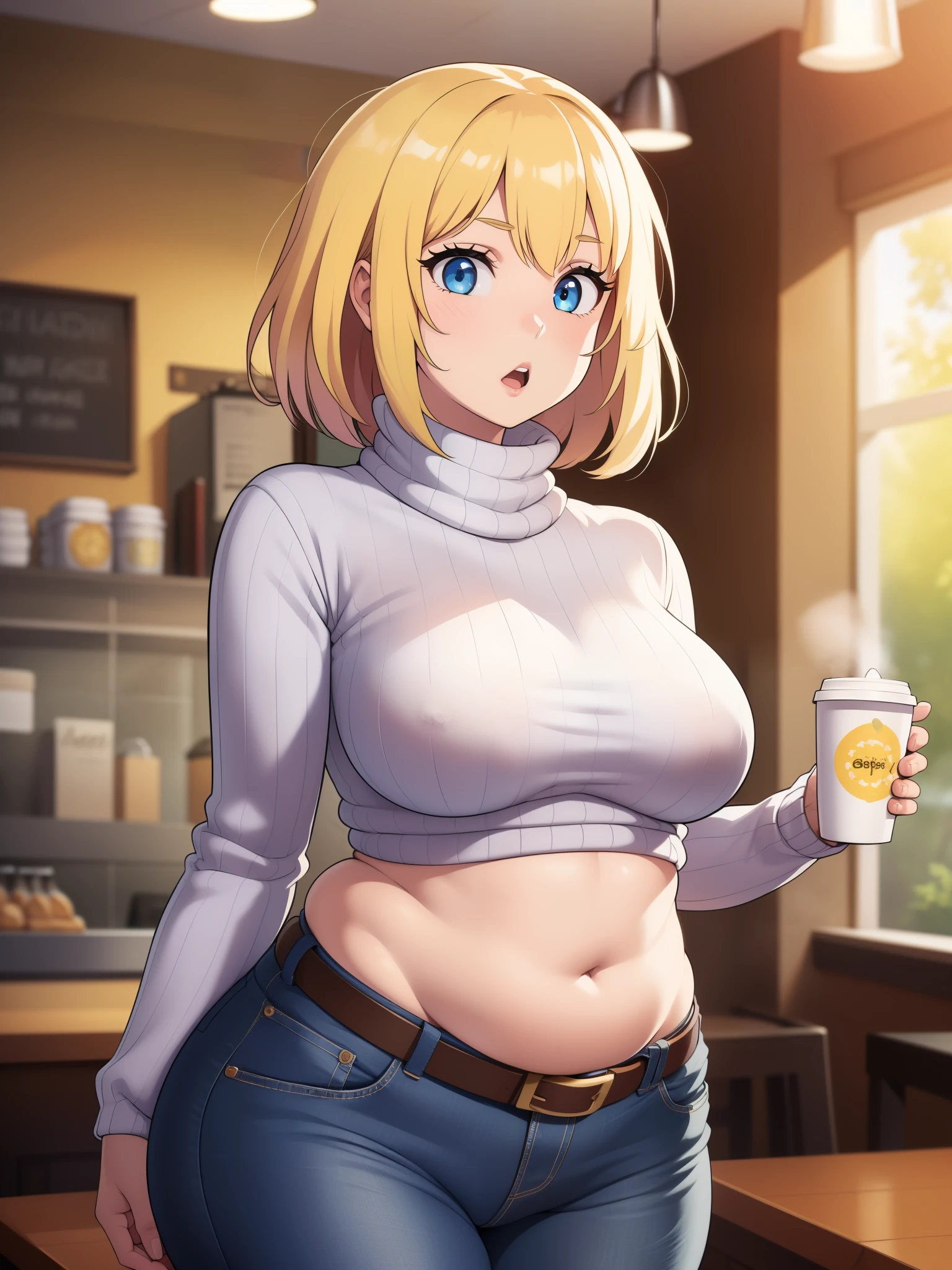 ((Masterpiece)), perfect anatomy, perfect shading, field of depth, (best quality), extremely delicate and beautiful, perfect lighting, detailed face, ultra cute face, cute, (cowboy shot 1.2), full body, (((1girl))), ((solo)), looking at viewer,
short hair, fluffy hair, blonde hair, blue eyes, Glasselush)), shy, nervoulack turtleneck sweater 1.5), (jeans 1.2), belt, extremely tight clothes, medium breasts, ((wide hips)), ((thick thighs)), ((chubby)), belly bulge, belly hang,
coffee shop, intricate background, detailed background, hand on hip, holding coffee cup,