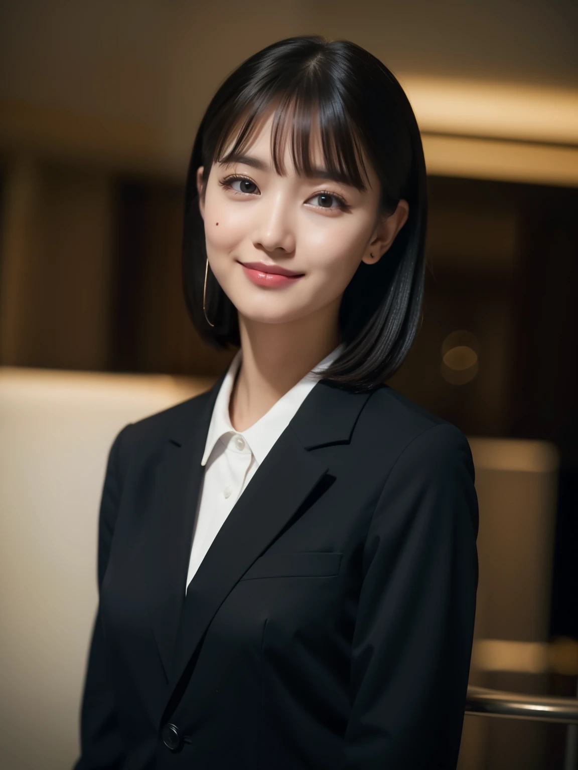 ((Top quality, 8K, Masterpiece: 1.3)), Beautiful girl, Pure, Melon face, Kind and cute, Sweet smile, Pure desire, Slender body, (Front), (Tilted head), ((Looking at camera) ), wearing a casual suit, medium black hair, long flowing shoulders, round black big eyes, clear big eyes, moist red lips, sweet, standing, hotel front background, (((whole body))),