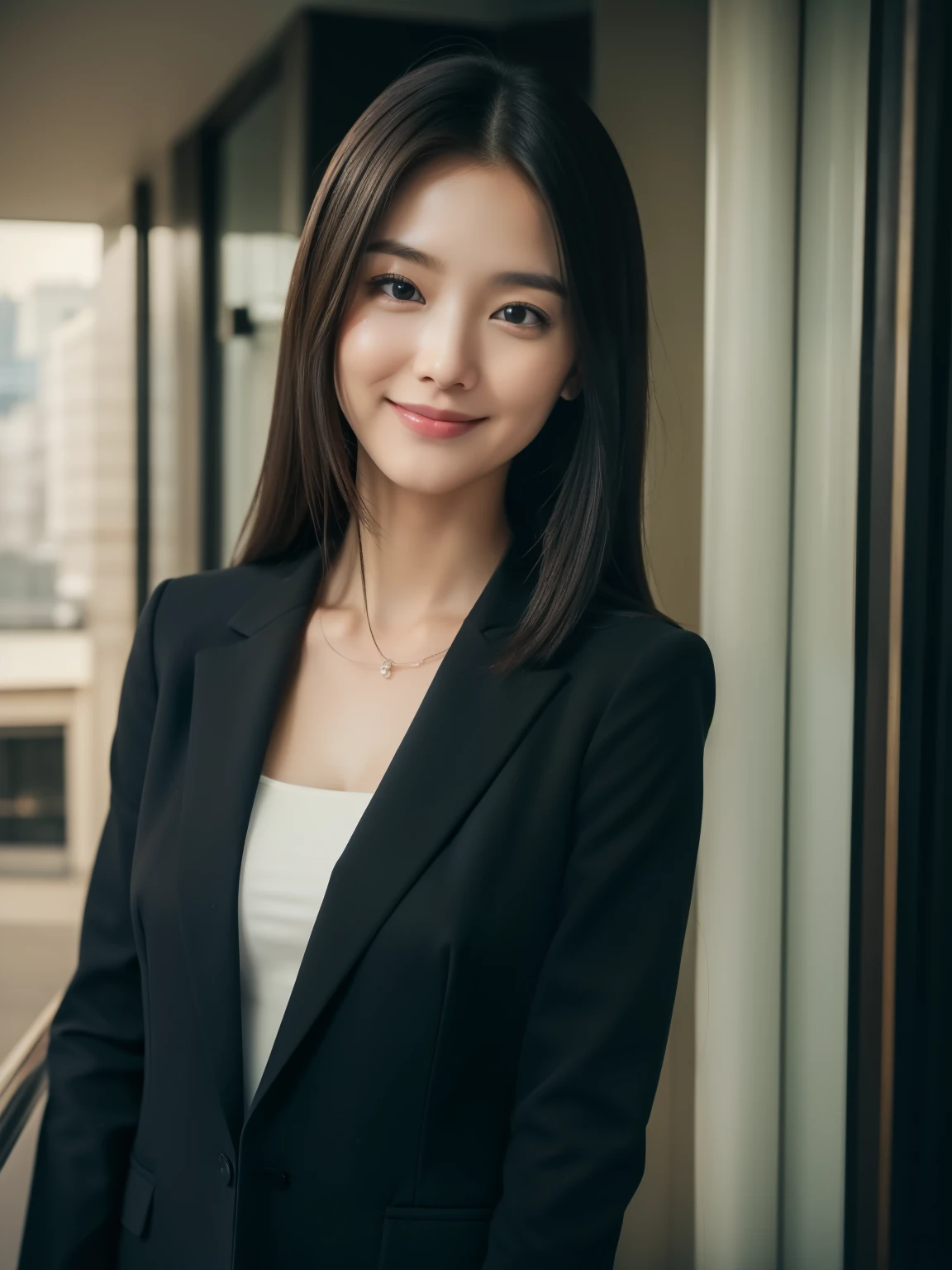 ((Top quality, 8K, Masterpiece: 1.3)), Beautiful girl, Pure, Melon face, Kind and cute, Sweet smile, Pure desire, Slender body, (Front), (Tilted head), ((Looking at camera) ), wearing a casual suit, medium black hair, long flowing shoulders, round black big eyes, clear big eyes, moist red lips, sweet, standing, hotel front background, (((whole body))),