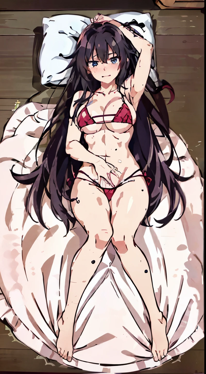 (tmasterpiece、quality、the detail、超高分辨率、Beautifully detailed lighting、Very beautiful girl、Long black hair,female high-school student、Clothed only in bikini、cleavage display、There's a big sausage in her cleavage,sweat profusely、1 girl in、eBlue eyes、Sleeping on the Bed、Red blush、embarrassed from、((horrified expression))、bareless、compulsive、Loved it very much、Sexual facial expressions seen from above、Perfectly trimmed fingers,don't have clothes,spread your legs,There is a lot of water in the bottom of the bikini,Roll your eyes upwards,Stick out your tongue,Full body photo,slender thighs,Spread your legs,droolessy hair,half-open bikini。Put one hand between your legs,The lines between the legs are real。There are tears in the corners of the eyes,There are swirling lines inside the eyes,Tsundere,body up and down