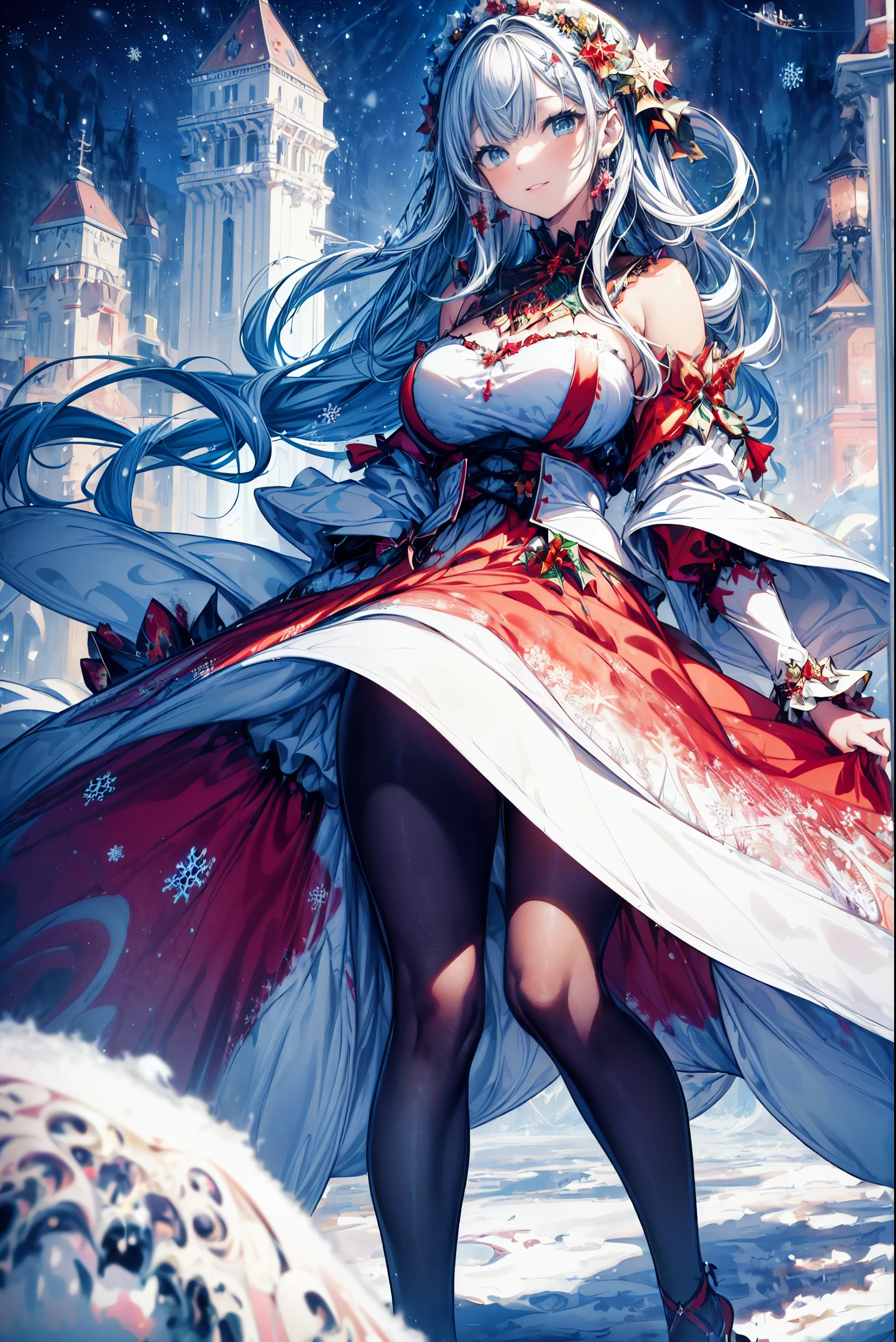 (masterpiece, top quality, best quality, official art, beautiful and aesthetic:1.2), (1girl:1.2), light smile, santa_costume, floating, float, extreme detailed, (abstract:1.4, fractal art:1.3), christmas, colorful, highest detailed, snow, lighning, snowflakes, (splash_art:1.2), jewelry:1.4, scenery, ink