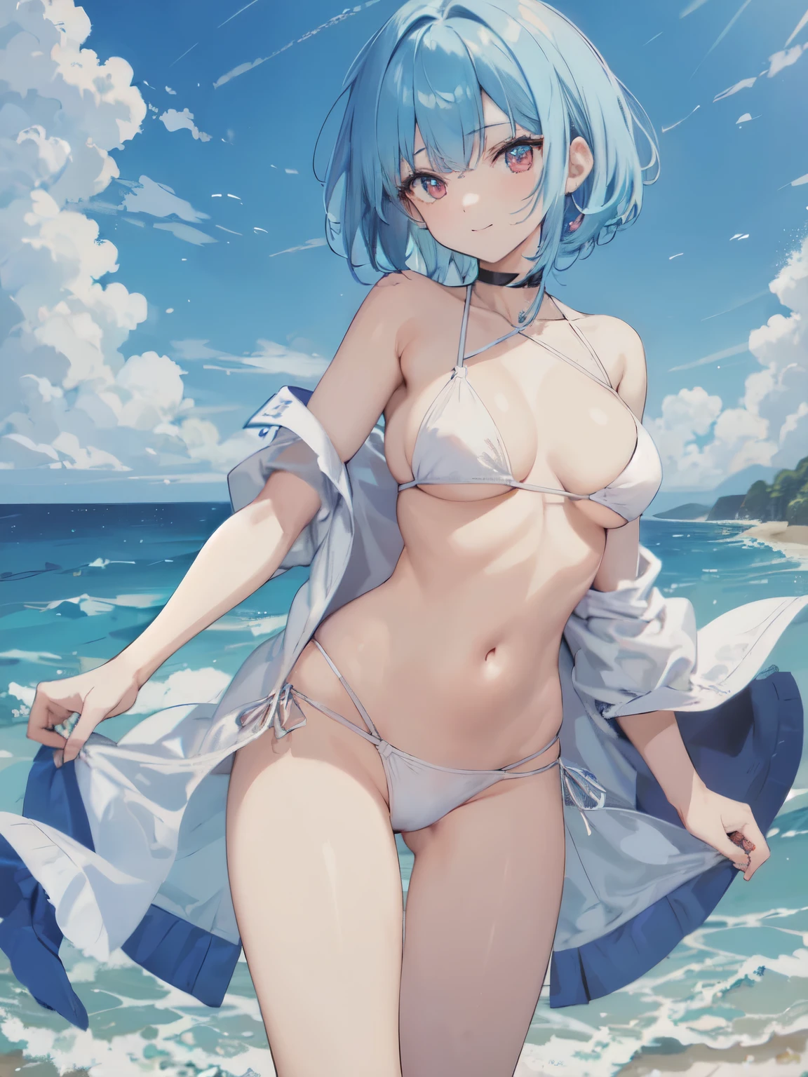 manos((masterpiece, best quality)), High resolution, distinct image, (anime style:1.2), flat color, painting (1girl), (solo), (female Focus), dynamic pose ((nsfw)), smile, (white bikini), Beautiful girl with light blue hair, (short hair), (light blue short hair 1.2), (red eyes), (eyelashes), Sparkling eyes, (Perfect eyes:1.2), (Perfect iris:1.2), (large breasts 1.4), beach, sand , seaside , oficial art