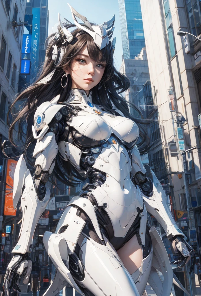 (Detailed illustrations,Very detailed and detailed drawing,Delicate lines with slow and rapid,Realistic texture expression),[Color tressed main line],[Skyscrapers of a modern city can be seen in the distance], ((ANIME)) (Giant white ROBOTGirl SKINNY towering over the building street [Total length 40 meters]),[AUTOMATON] (ROBOT FACE [Luminescent eyes]) [Chain-shaped hair] (Delicate thin fingers) (MACHINEKNIGHT [Titanium skeleton]),[It is called the princess lily of white porcelain] Large crown with large raised shoulder rests (Elegant appearance with a lot of curved surfaces Smooth body surface) (Ruffle Petticoat) [White lily pattern],[[TITANWEAPON]] Mecha Body Metal Skin [Cable running down the body surface [gear wheel]],[Platinum coating],[Science Fiction Mechanical],(Huge feeling),(Intricate and beautiful decoration [Dense detail]),(Fine and beautiful skin expression [Transparency]),[完璧な目のdetaileds (Iris beautifully drawn in every detail)[Jewel-like eyes]],[long and beautiful eyelashes],[Meticulously drawn hair [美しく艷やかな髪のdetaileds]],(完璧な手のdetaileds [Beautiful fingers without breakdowns [Beautiful nails]]),(Perfect Anatomy(Perfectly proportioned))[[Full body like]],[Ideal color coordination(Accurate simulation of light-material interactions)],([Precision Detail](detaileds,high-detail)),[Visual art that conveys a sense of narrative].