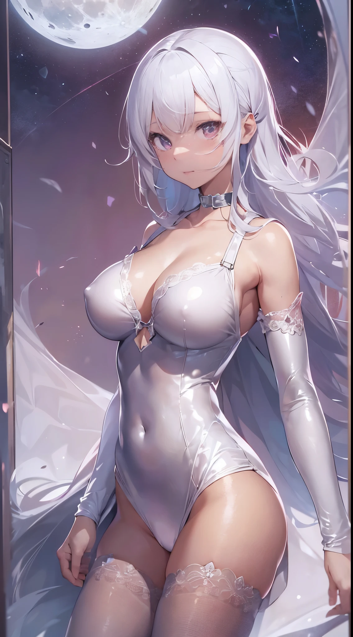 One lady,14years,((White hair) ,((())), ((Normal breasts)), (())(()),(Shiny pink bodysuit with microskirt))),,((Fantasy,Moon Night))(())