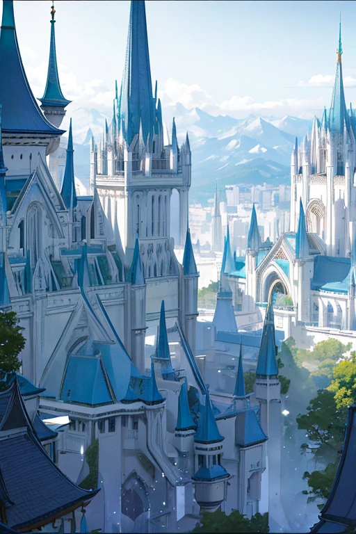 A huge elf palace built on a mountainside, longshot, long distance, Huge city, Surrounded by lush forests, Starlight, white walls, white building, White Tower, 白いarchway, many high spires, archway, stained glass window, buildings around the waterfall, Nature, tree between buildings々, vines, overgrown wall