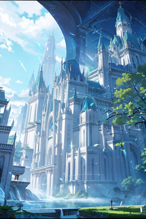 A huge elf palace built on a mountainside, longshot, long distance, Huge city, Surrounded by lush forests, Starlight, white walls, white building, White Tower, 白いarchway, many high spires, archway, stained glass window, buildings around the waterfall, Nature, tree between buildings々, vines, overgrown wall