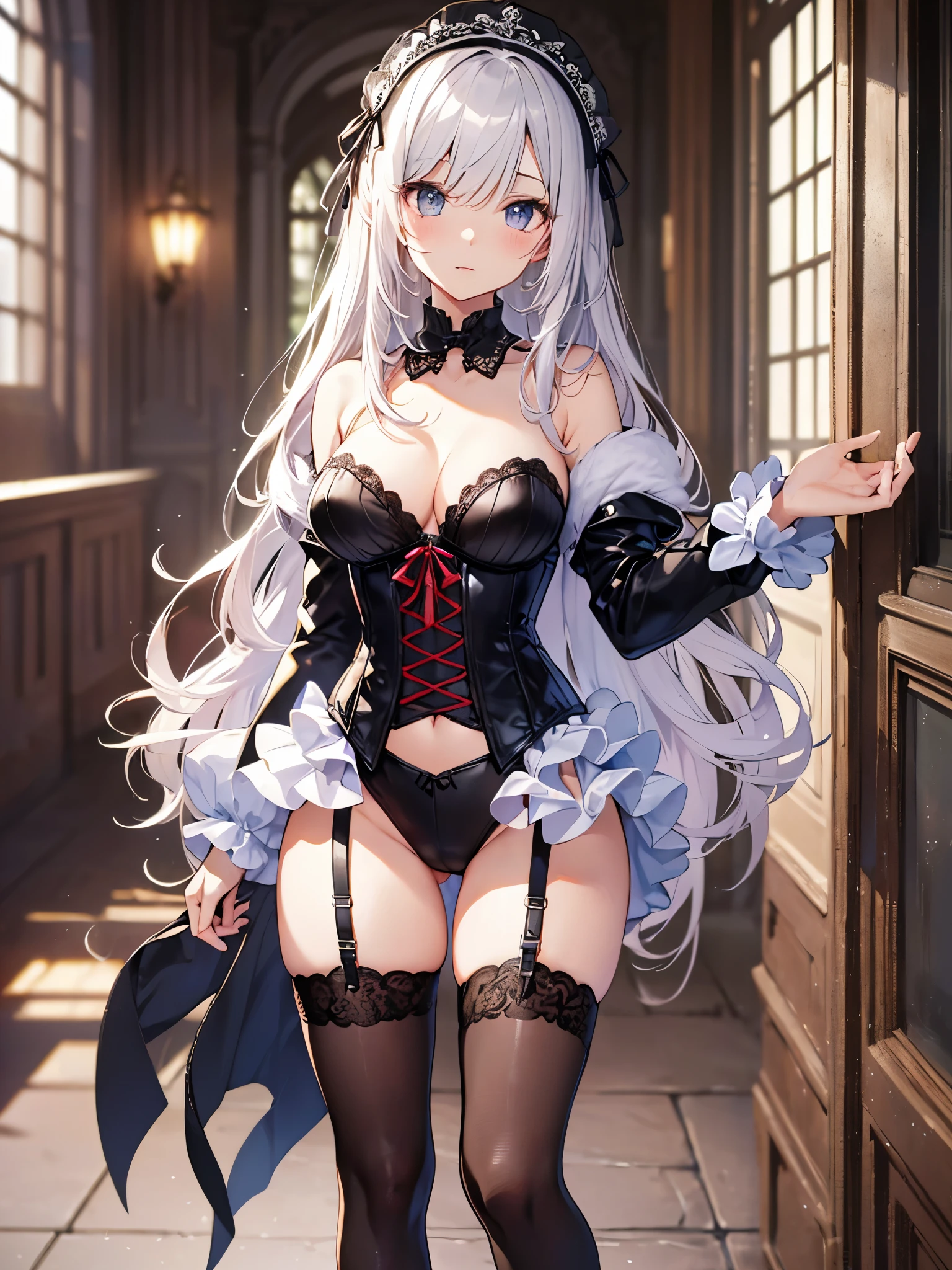 ((4k、8k、top-quality、perfect fingers: 1.3、perfect anatomia: 1.3、Background blur:1.1))、(Transformation Sequence)、((a beautiful slender girl、blushing and confused、cute big droopy eyes、Two side up straight long hair、16yo girl、Small breasts))、((Blue butler suit-style leotard、long-sleeve、corsets、gorgeously decorated headband))、(highleg)、Standing、Full body depiction、wide Shots、Inside the aristocratic hall、