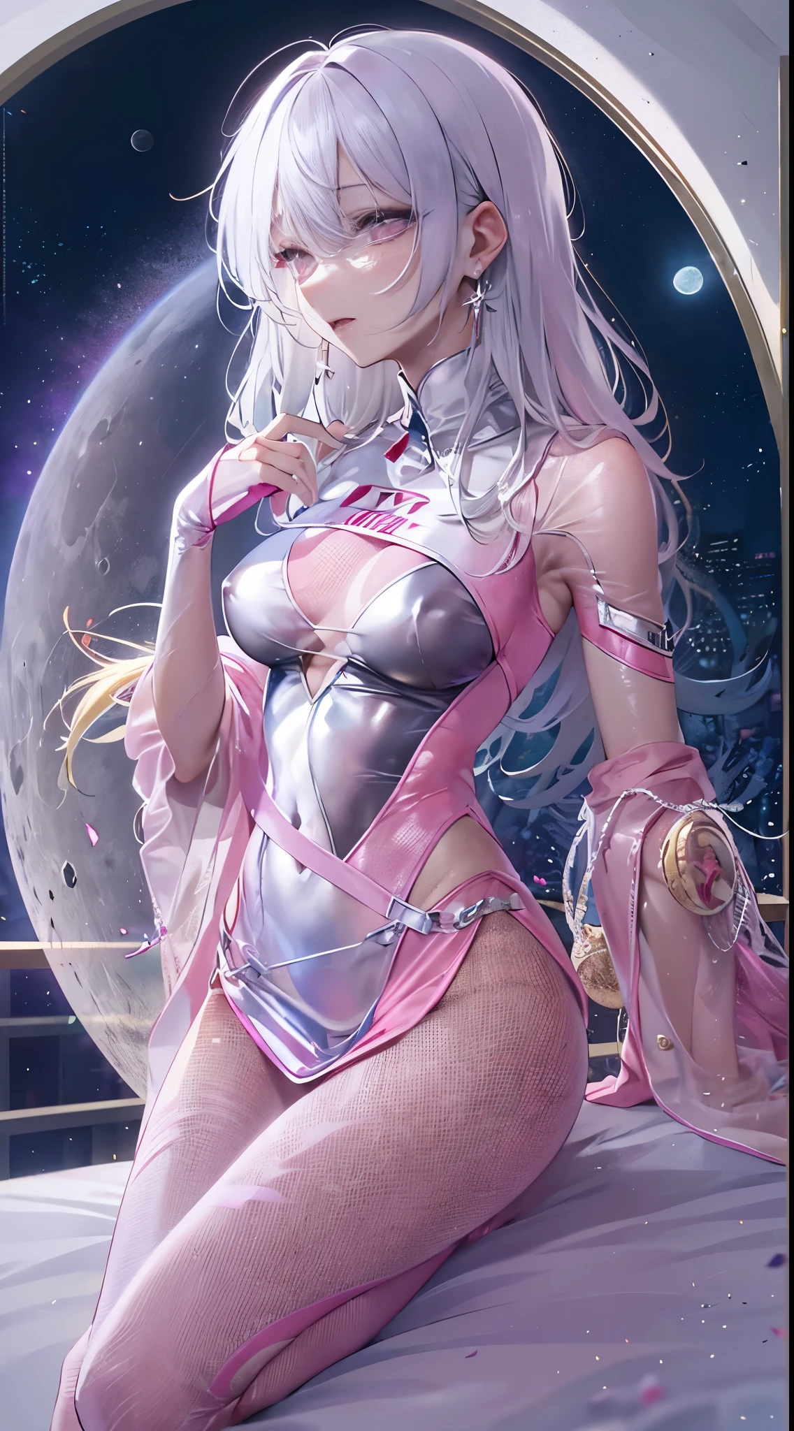 One lady,ars,((White hair) ,((())), ((Normal breasts)), (())(()),(Shiny pink bodysuit with microskirt))),,((Fantasy,Moon Night))(())