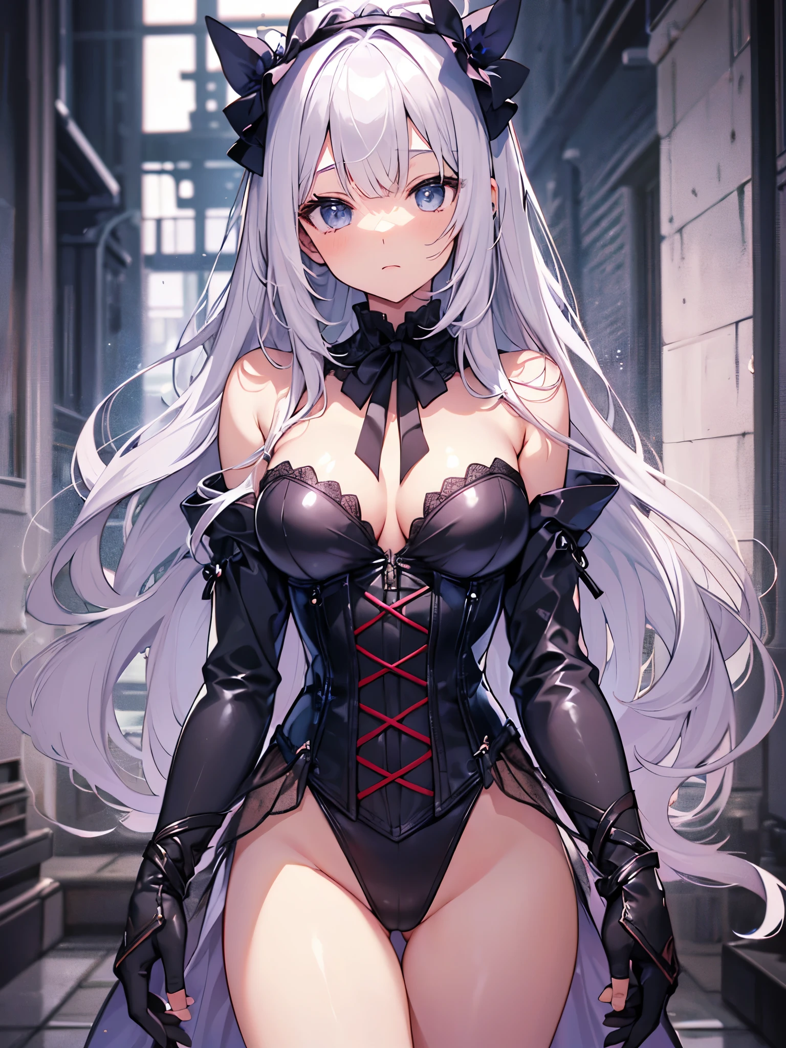((4k、8k、top-quality、perfect fingers: 1.3、perfect anatomia: 1.3、Background blur:1.1))、(Transformation Sequence)、((a beautiful slender girl、blushing and confused、cute big droopy eyes、Two side up straight long hair、 girl、Small breasts))、((Blue butler suit-style leotard、long-sleeve、corsets、gorgeously decorated headband))、(highleg)、Standing、Full body depiction、wide Shots、Inside the aristocratic hall、