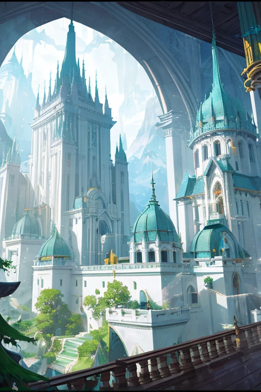 A huge elf palace built on a mountainside, longshot, long distance, Huge city, Surrounded by lush forests, Starlight, white walls, white building, White Tower, 白いarchway, many high spires, archway, stained glass window, buildings around the waterfall, Nature, tree between buildings々, vines, overgrown wall