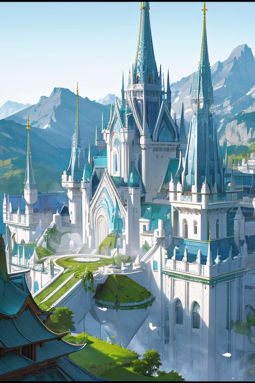 A huge elf palace built on a mountainside, longshot, long distance, Huge city, Surrounded by lush forests, Starlight, white walls, white building, White Tower, 白いarchway, many high spires, archway, stained glass window, buildings around the waterfall, Nature, tree between buildings々, vines, overgrown wall