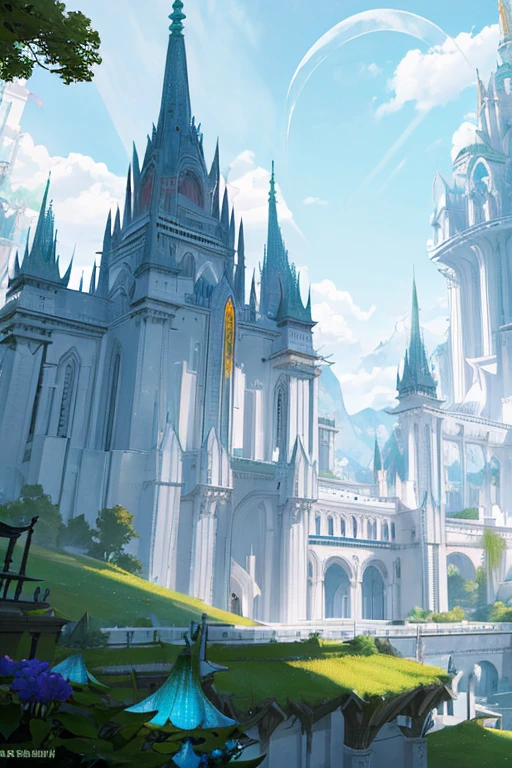 A huge elf palace built on a mountainside, longshot, long distance, Huge city, Surrounded by lush forests, Starlight, white walls, white building, White Tower, 白いarchway, many high spires, archway, stained glass window, buildings around the waterfall, Nature, tree between buildings々, vines, overgrown wall