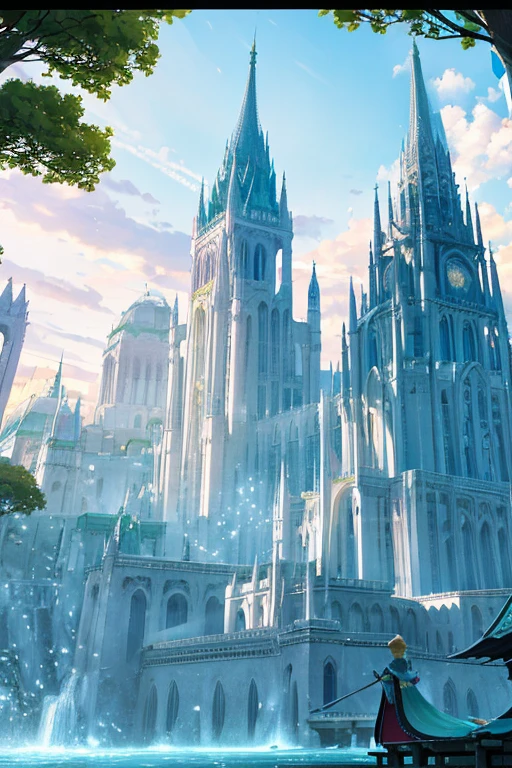 A huge elf palace built on a mountainside, longshot, long distance, Huge city, Surrounded by lush forests, Starlight, white walls, white building, White Tower, 白いarchway, many high spires, archway, stained glass window, buildings around the waterfall, Nature, tree between buildings々, vines, overgrown wall