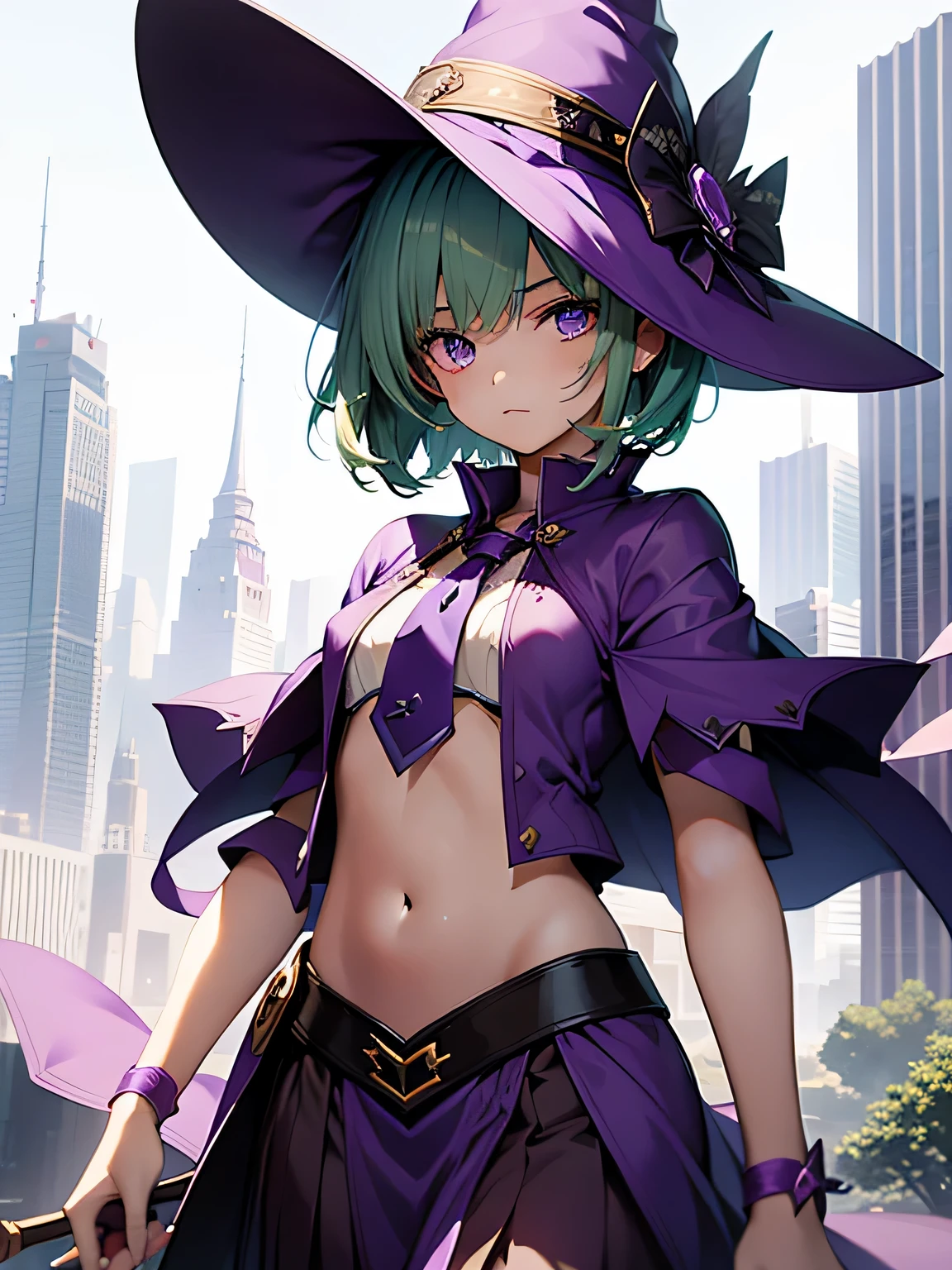 top-quality、extremely delicate and beautiful、(A teenage girl)、Purple Eye、Beautiful eyes、Green hair、short-haired、(purple witch hat)、Purple tie、Soio、shortsleeves、Purple skirt、Purple Wizard Robe、Navel、is standing、Facing the front、