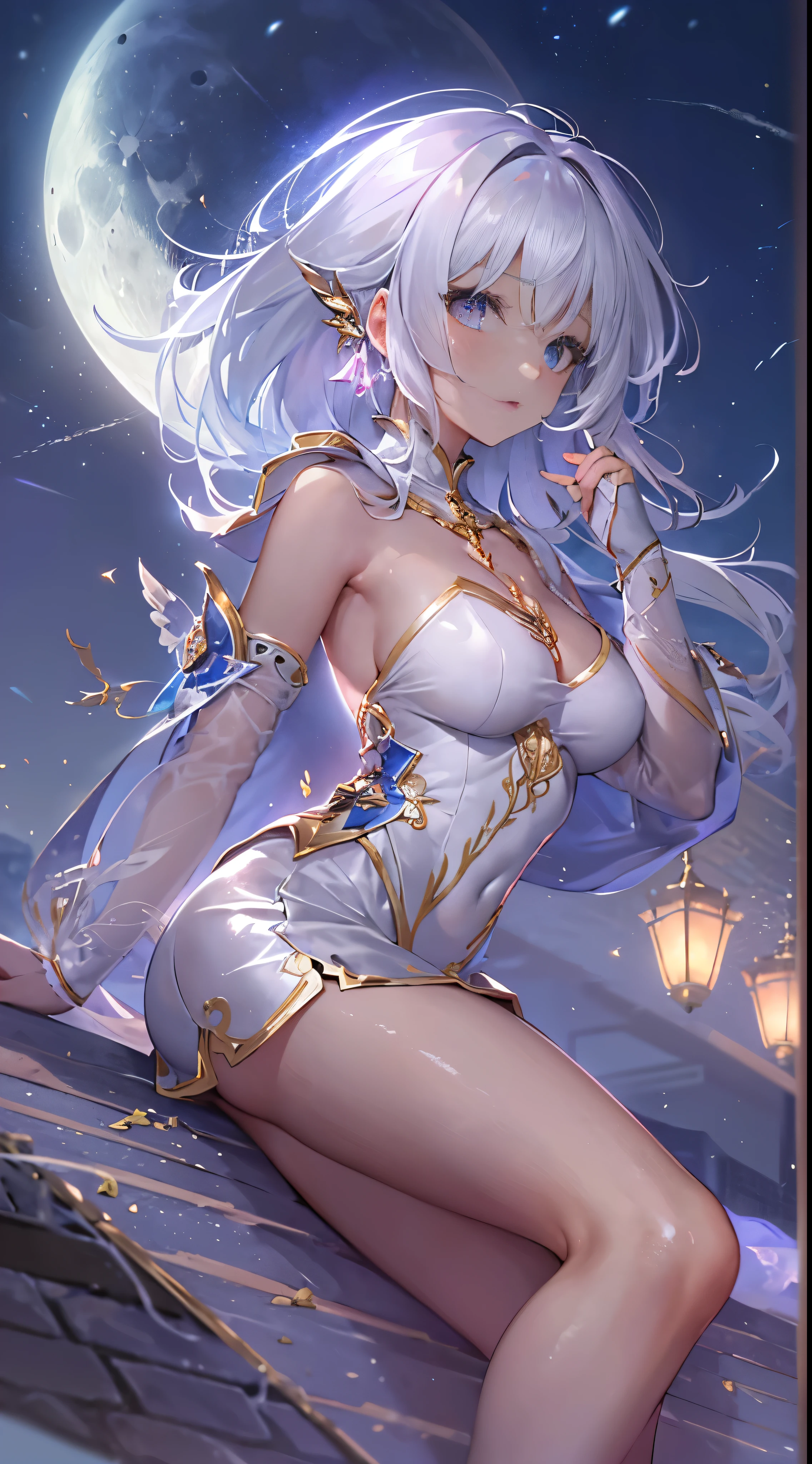 One lady,14years,((White hair) ,((())), ((Normal breasts)), (())(()),(Shiny pink bodysuit and microskirt))),,((Fantasy,Moon Night))(())