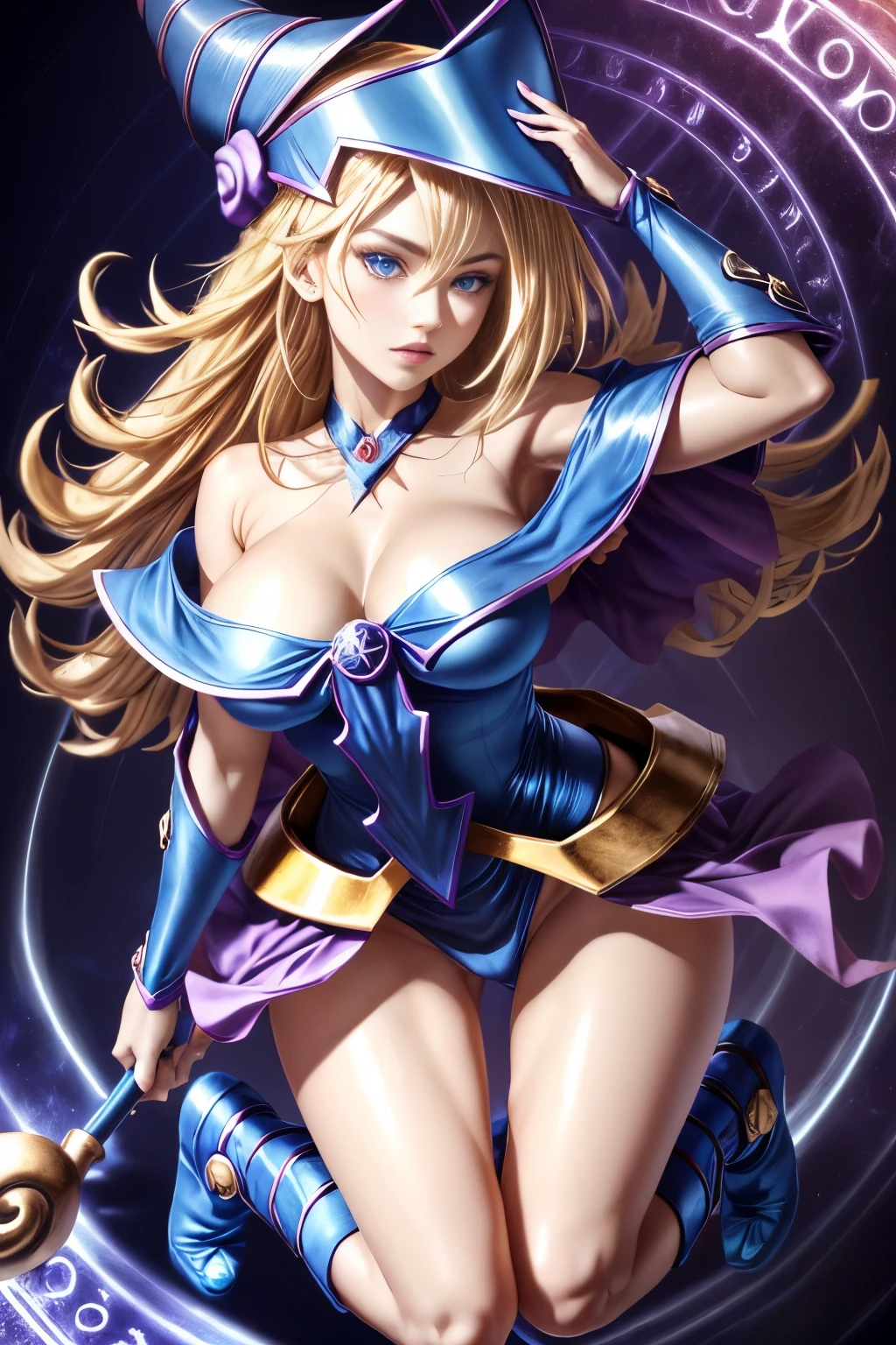 ultra-detailed, extremely detailed, masterpiece, highest quality, best quality, absurdres, highres, dark magician girl, (1girl:1.2), solo, detailed face, dynamic pose, hair flow, (full body:1.1),  blonde hair, long hair, looking at viewer, green eyes, skindentation, detailed skin, skin pores, (shiny skin, glossy skin:1.1), rosy skin details, breasts, nail polish, skirt, blue footwear, blue headwear, wizard hat, wand, holding hat, (blue panties:0.9), (summoning circle:1.1), hexagram, pentacle, pentagram, yu-gi-oh!, duel monster, purple magic field, glow, detailed background, intricate background,