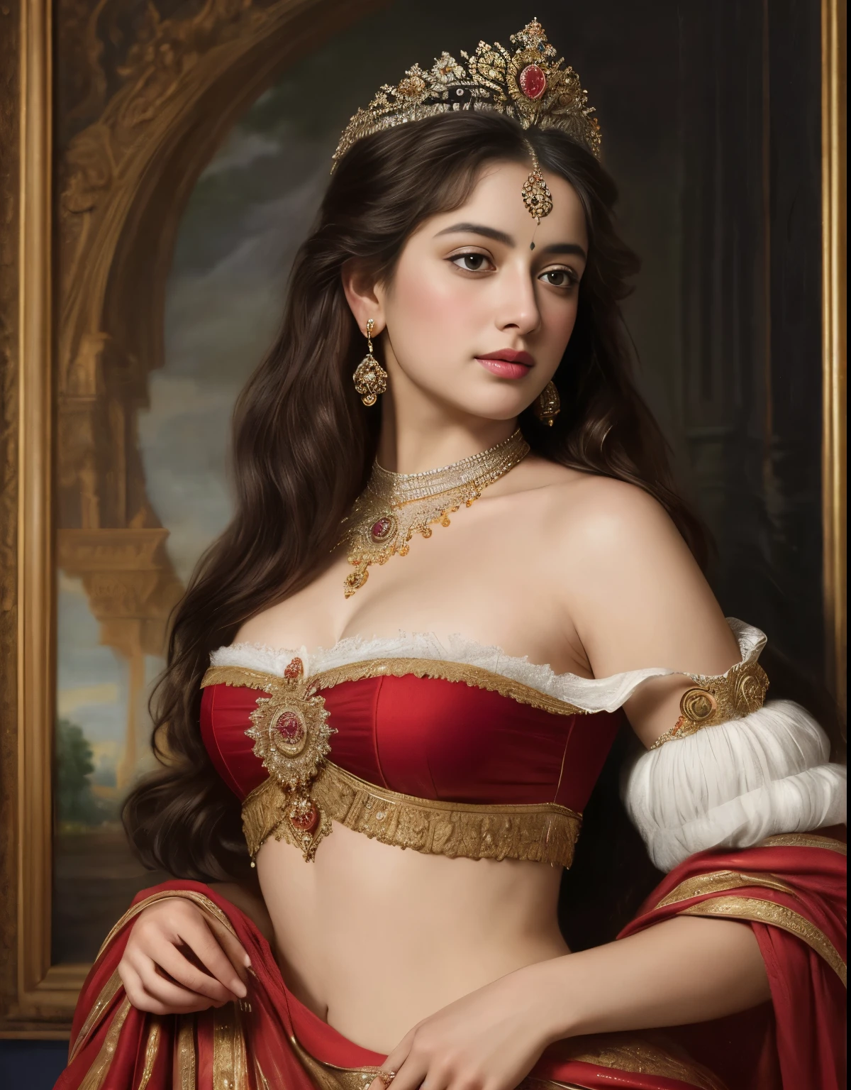 Best quality, highly detailed, masterpiece, Indian princess, Rajkanya,  Masterpiece, extremely gorgeous woman, matchless Beauty, portrait, Peter Paul Rubens style, Woman, complete nude , beautifully styled hair, fluffy hair, middle ages, classicism, andrey atroshenko style, painting, long hair, styled hair, traditional media, realistic, figurative, fine art, detailed Art, oil on canvas, HDR, 8K, original character, high resolution, high detail, focus on the face, intricate, flawless, fluffy hair, Peter Paul Rubens style, By Peter Paul Rubens, sharp picture, no crown full body complete nude 