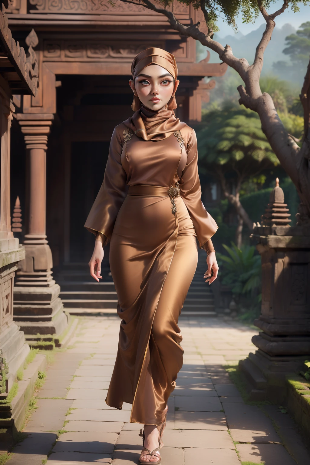 3DMM, ((Masterpiece, best quality, photography, detailed skin, realistic, photo-realistic, 8k, highly detailed, full length frame, High detail RAW color art, diffused soft lighting, shallow depth of field, sharp focus, hyperrealism, cinematic lighting, hijab, a woman, turkish lady beautifully makeup, big eyes, long eye lashes, wearing ((brown satin headscarf), loosely tide hijab style), ((satin Myanmar Traditional Dress), walking in the middle of Bali garden, Ancient Bali architecture, rockery, arch, corner, tree, running water