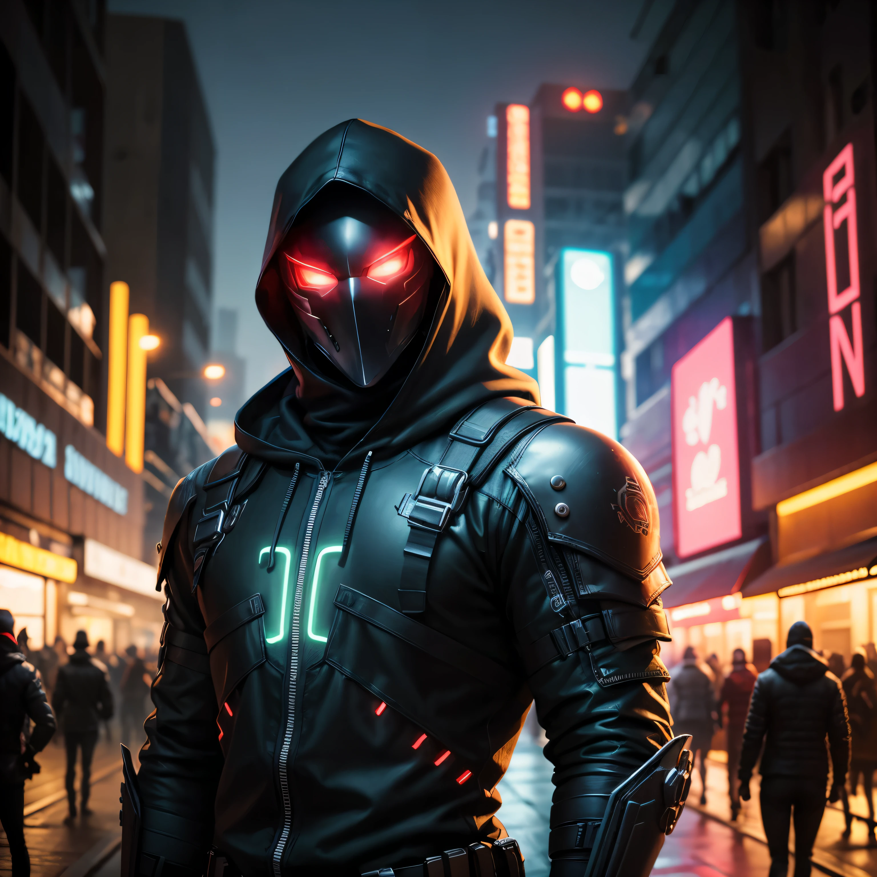 Homem Mascarado com capuz realista de qualidade superior, olhos neon, corpo forte, sombras ultra realistas, pele e textura realistas, em uma cena noturna cyberpunk, foto frontal corpo inteiro.