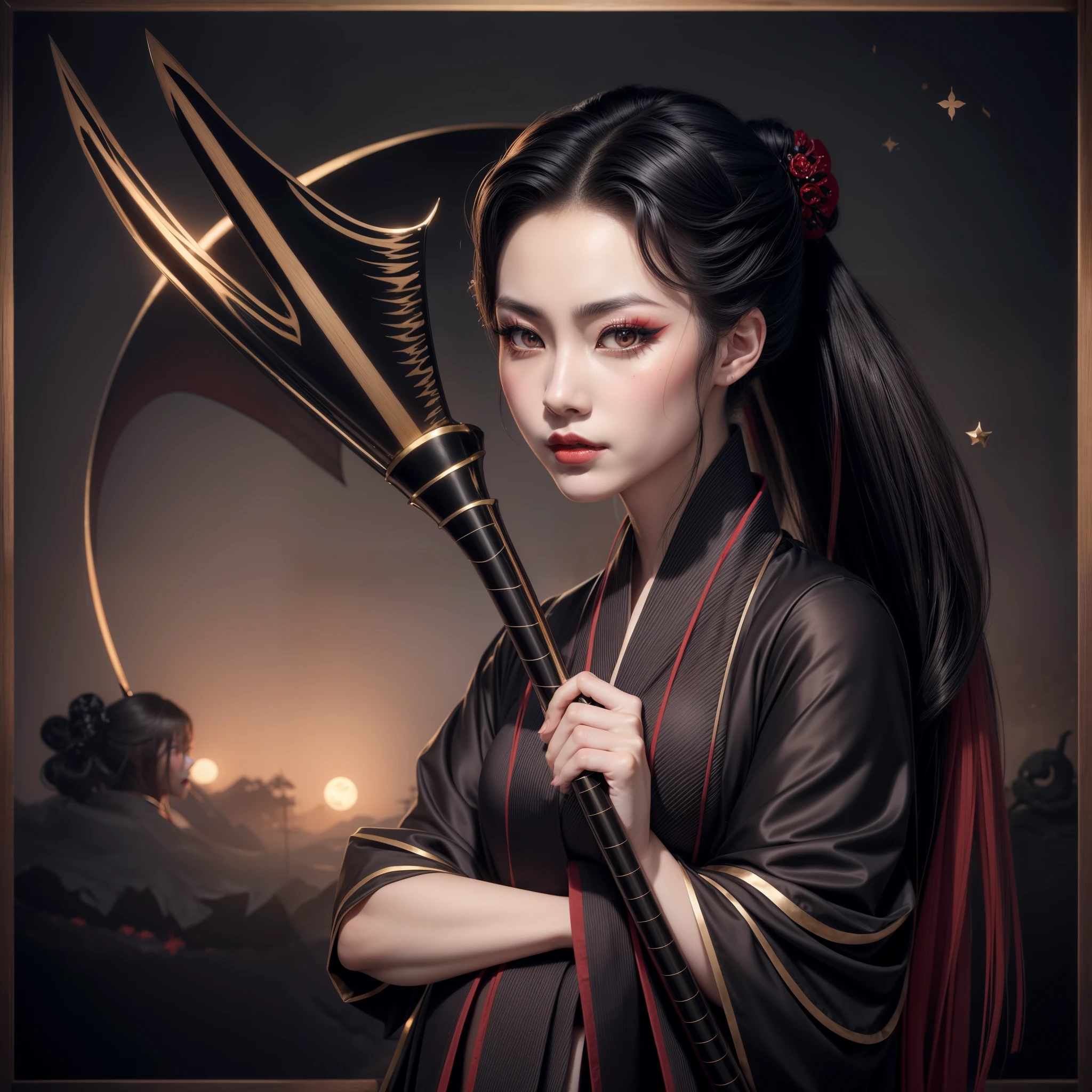 A beautiful demonic gothic geisha, hot, ?????, with black hair, wearing a bun in her hair in a ponytail, with full lips, full breasts, pale silky skin, beautiful eyes, wearing a black kimono, holding a stylized spear, in a valley with a red full moon, and fog in the background, beautiful hyper-realistic infernal gothic geisha, beautiful photorealistic geisha of darkness, beautiful geisha of darkness with intricate details.