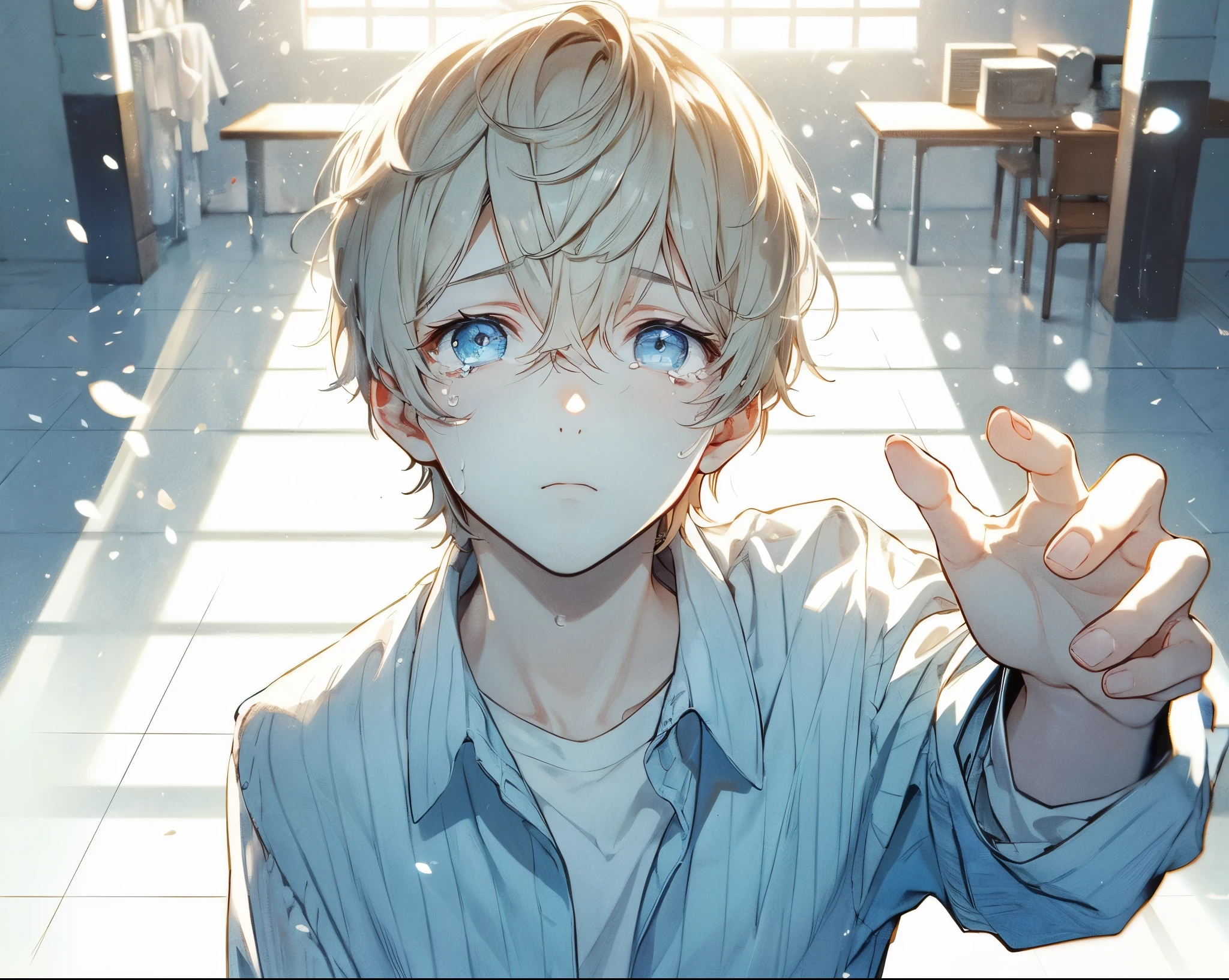 Young man, blond, short hair, bangs resting on the forehead, blue eyes brimming with tears in a sorrowful expression. Wearing a light blue shirt with the collar open, sleeves rolled up to the elbows. The background is a dimly lit, vague room, surrounded by floating particles of light and bathed in a pale blue glow. He is reaching out towards the camera, gazing upwards.high quality, amount of drawing, pixiv illustration