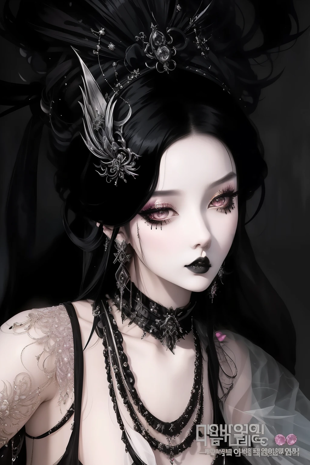 One was wearing a black dress、Close-up of woman wearing headdress, neo goth, Brutal Korean Goth Girl, anime gothic girl, Guviz-style artwork, Gothic aesthetics, The face is very detailed, gothic art style, 8K high quality detail art, Inspired by Shen Si Zheng, pale goth beauty