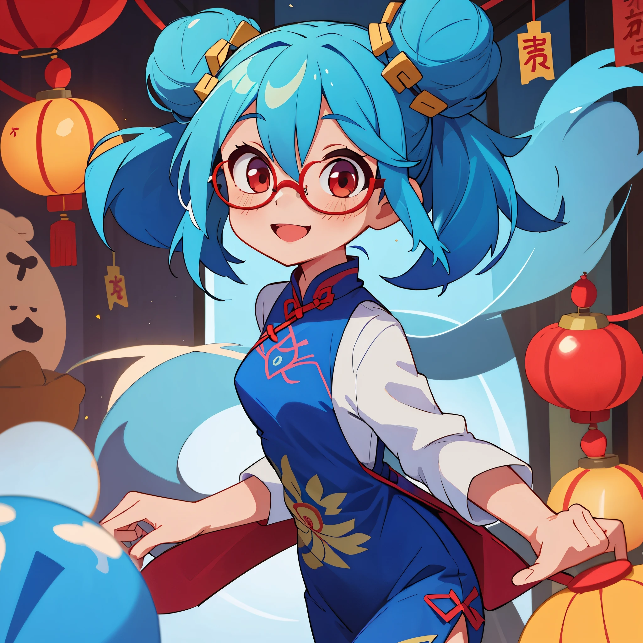 1girl, only one girl, wearing a cheongsam, double bun hairstyle, cobalt blue hair color, red eyes, looking at the viewer, smile, wearing glasses, in Chinatown