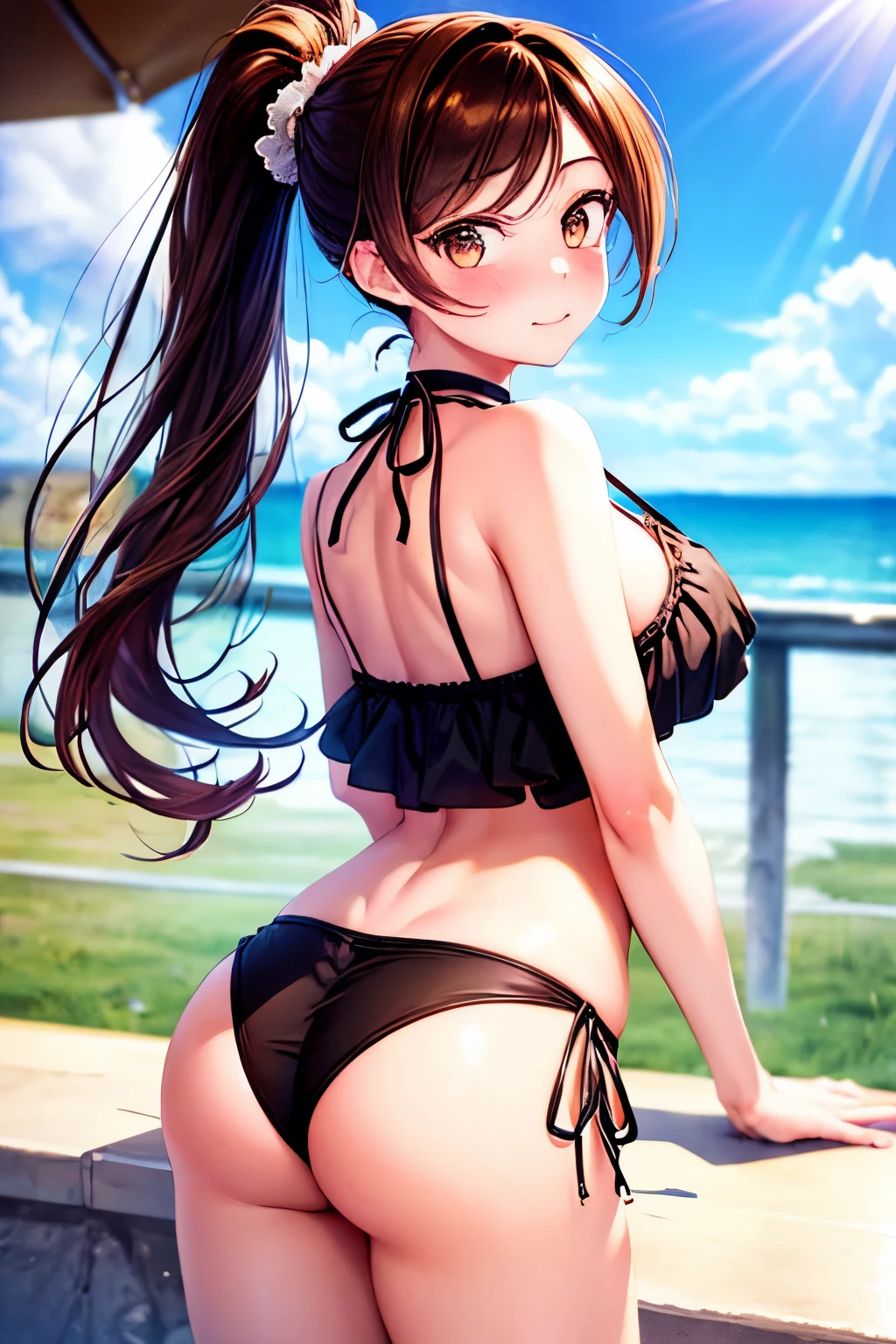Obra maestra, 1girl, La mejor calidad, Chizuru Mizuhara, Waist length of brown hair, a small ponytail hanging from the back, senos grandes, bikini negro, bikini de hilo, En pie, sexy, Playa, ocean bottom, cielo azul, Cocoteros, brown eyes, cuerpo completo
