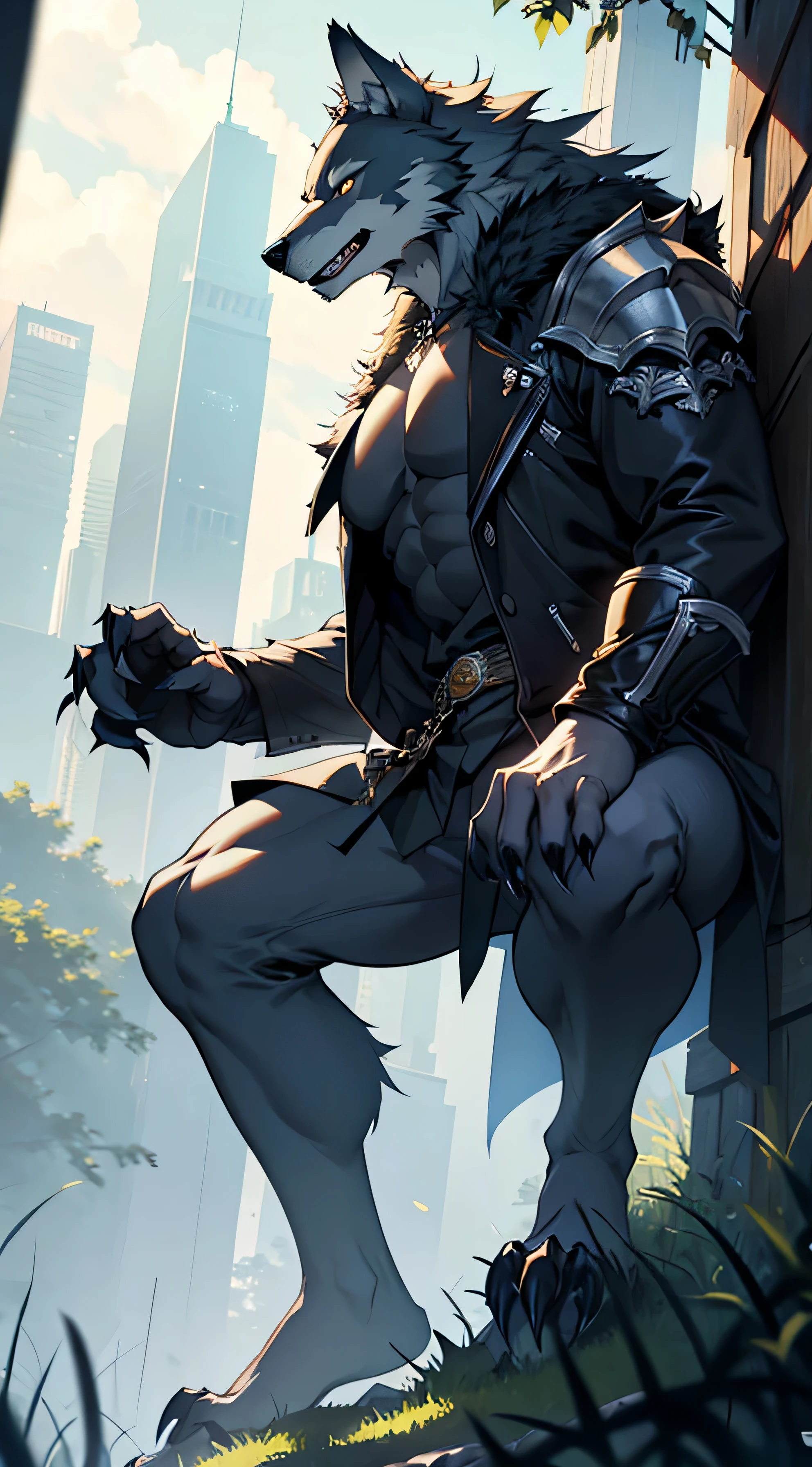 (Best Quality, 4k, 8K, high resolucion, Masterpiece:1.2), wolf monster, 짧은 다리를 가진 털복숭이 wolf monster, side pose, Full body pose, Outdoor Lighting, vertical lighting, Natural background, Noon hours, large claws on front feet, Gaze angle at shoulder height, meadow background,