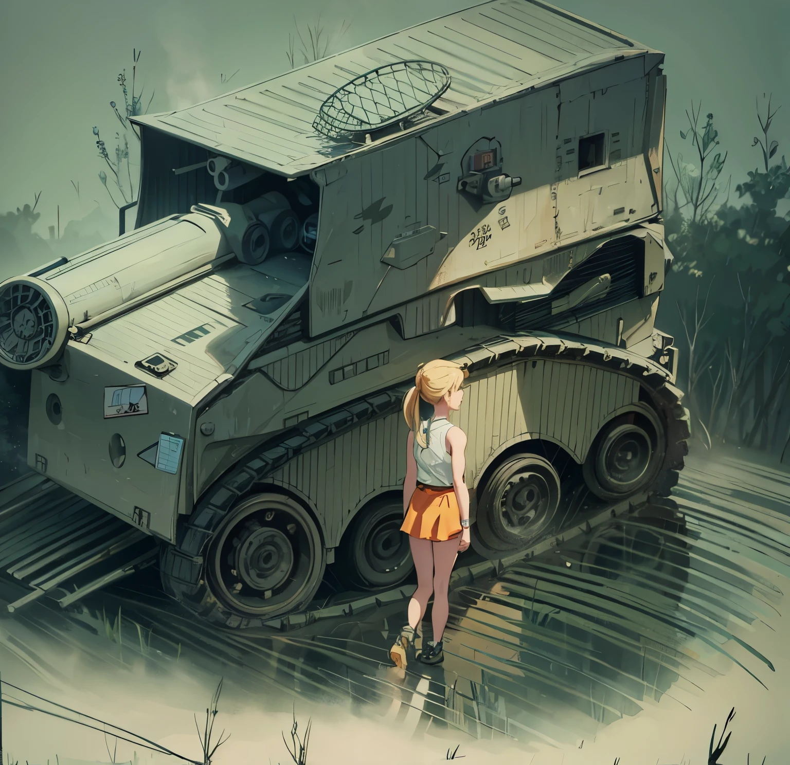 Camouflage tank, trees in the background, one girl, ponytail, Masterpiece, 4k