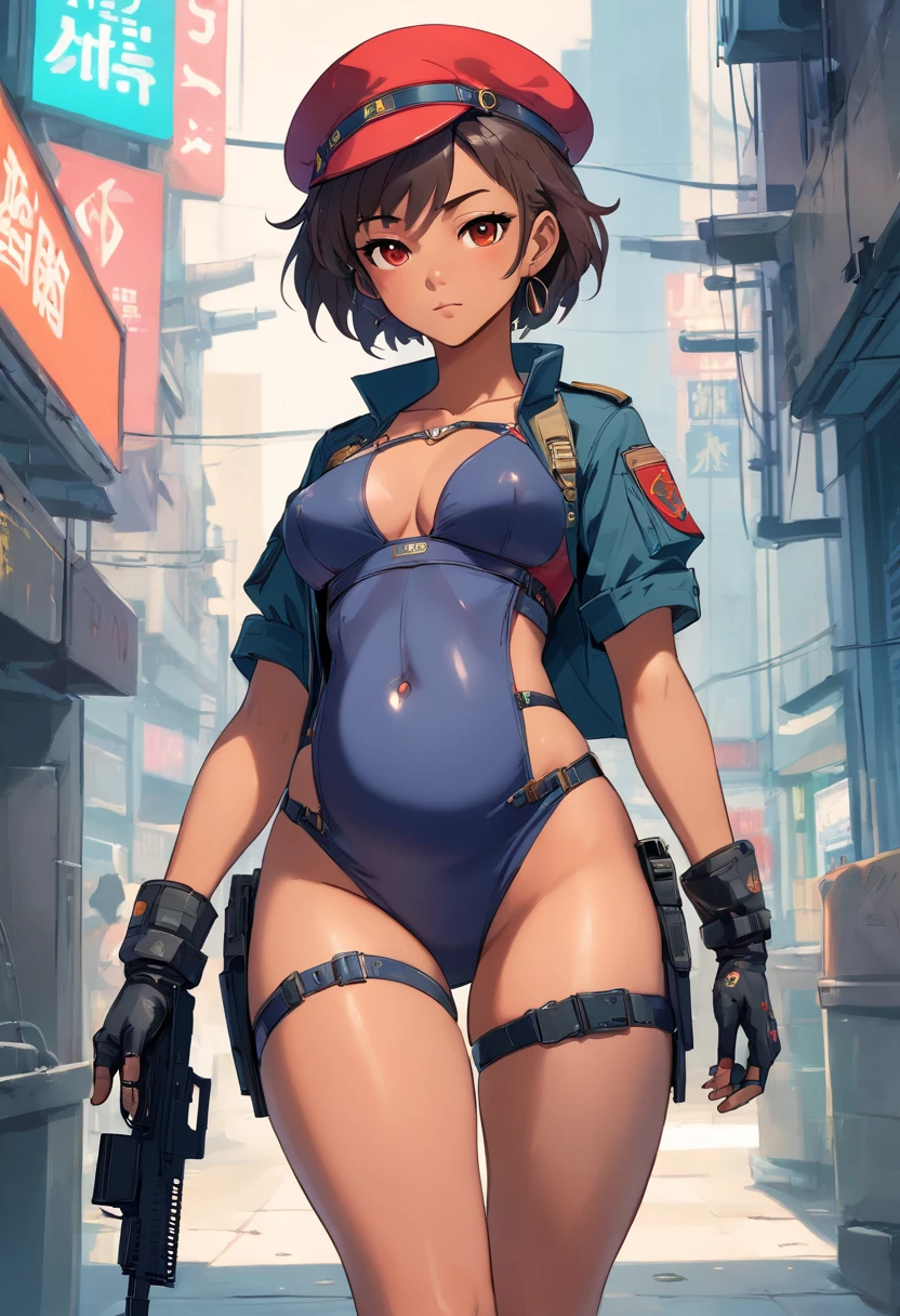 Cartoon-style digital art, pixar and disney features, beautiful black woman, face like model esyonce, bonbon brown skin, slanted asian eyes, curly hair tied back, ponytail hairstyle, wearing red police beret, beret red military, wearing large hoop earrings, necklace with military identification hanging around the neck, full breasts, short red shirt, (showing belly and navel), small waist, tactical belt with several compartments, short shorts with camouflage print, thick thighs and calves , pistol holster attached to thigh, big butt, wearing leather gloves, long-legged tactical boots with high heels, wielding technological weapon of war, clothing with cutouts in cyberpunk style, cyberpunk conceptart-style setting, technological environment, sci-fi, cameltoe, deep cameltoe, very pregnant, pregnancy, outie navel