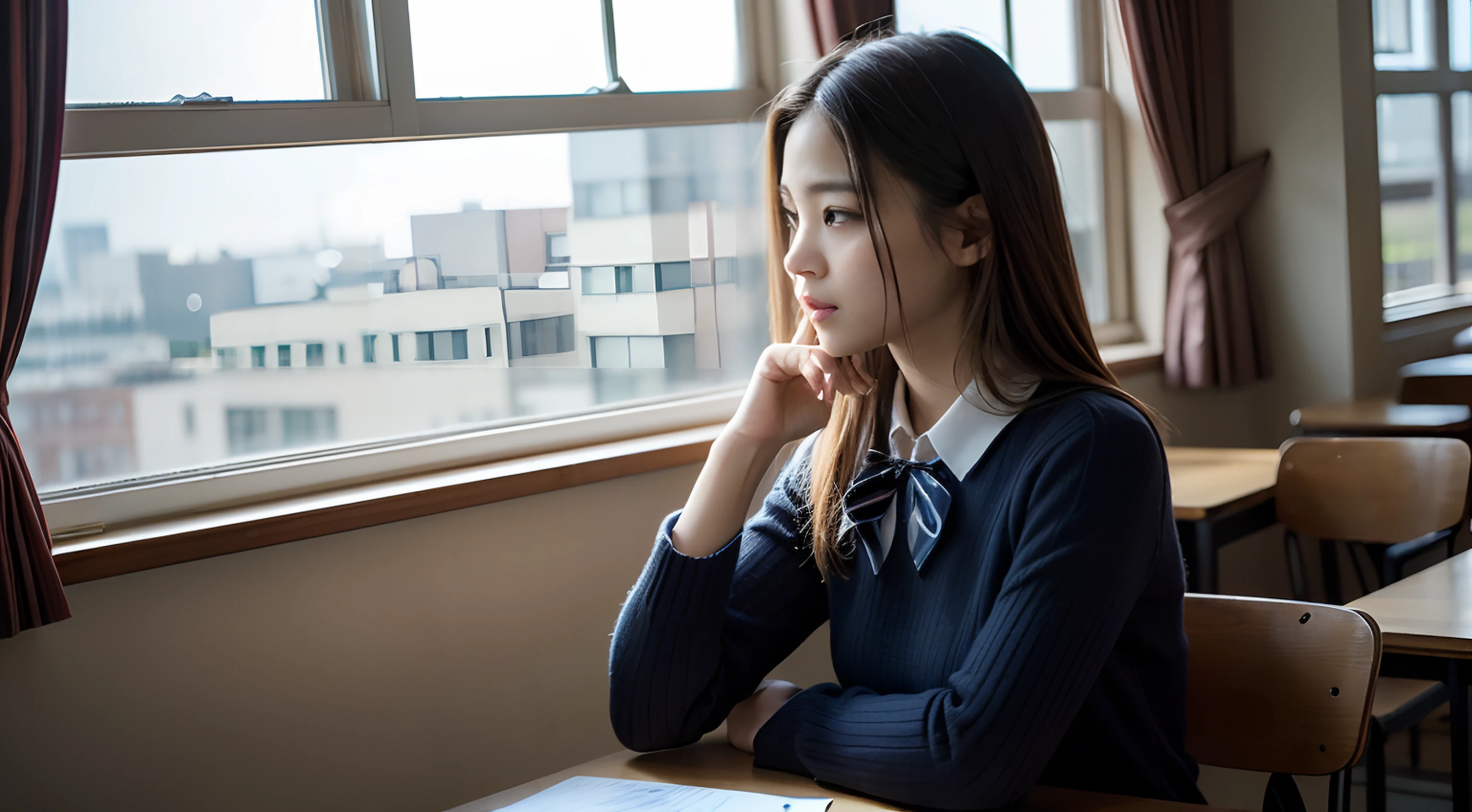 a picture、(Photorealsitic:1.4)、(hyper realisitic:1.4)、(Cinematic:1.5)、Woman in her 20s、profile、Solo, （beautiful and delicate face）、（High-quality eyes）、hi-school girl、校服、bow ribbon、school classrooms、desk work、textbook、 (Look out the window:1.5)