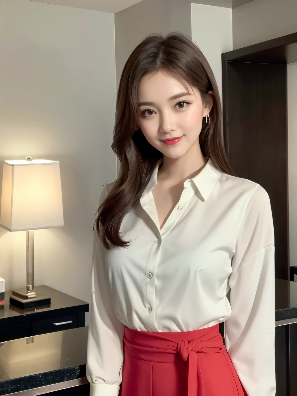 ((Top quality, 8K, Masterpiece: 1.3)), Beautiful girl, Pure, Melon face, Kind and cute, Sweet smile, Pure desire, Slender body, (Front), (Tilted head), ((Looking at camera) ), wearing a casual bright suit and skirt, medium hair, long flowing shoulders, round black big eyes, clear big eyes, moist red lips, sweet, standing, hotel reception background, (waist shot),