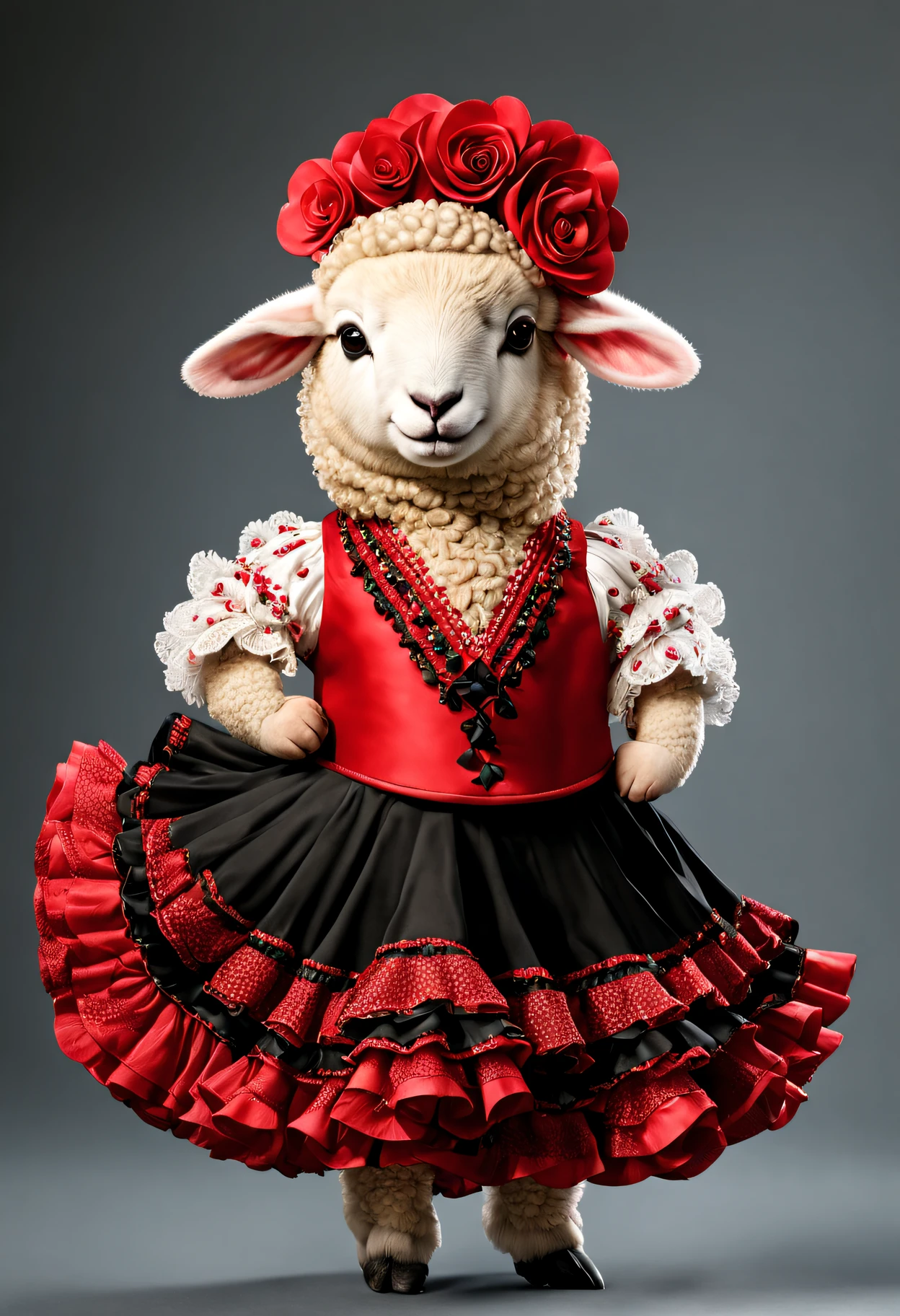 photorealistic portrait of Dressed animals - a fat sheep flamenco dancer, large head,(flamenco action posing), high quality,(lovely) ,intricate details, highly detailed ((flamenco costume)) ,highly detailed dress,, (happy), studio lighting,(full body image:1.5)