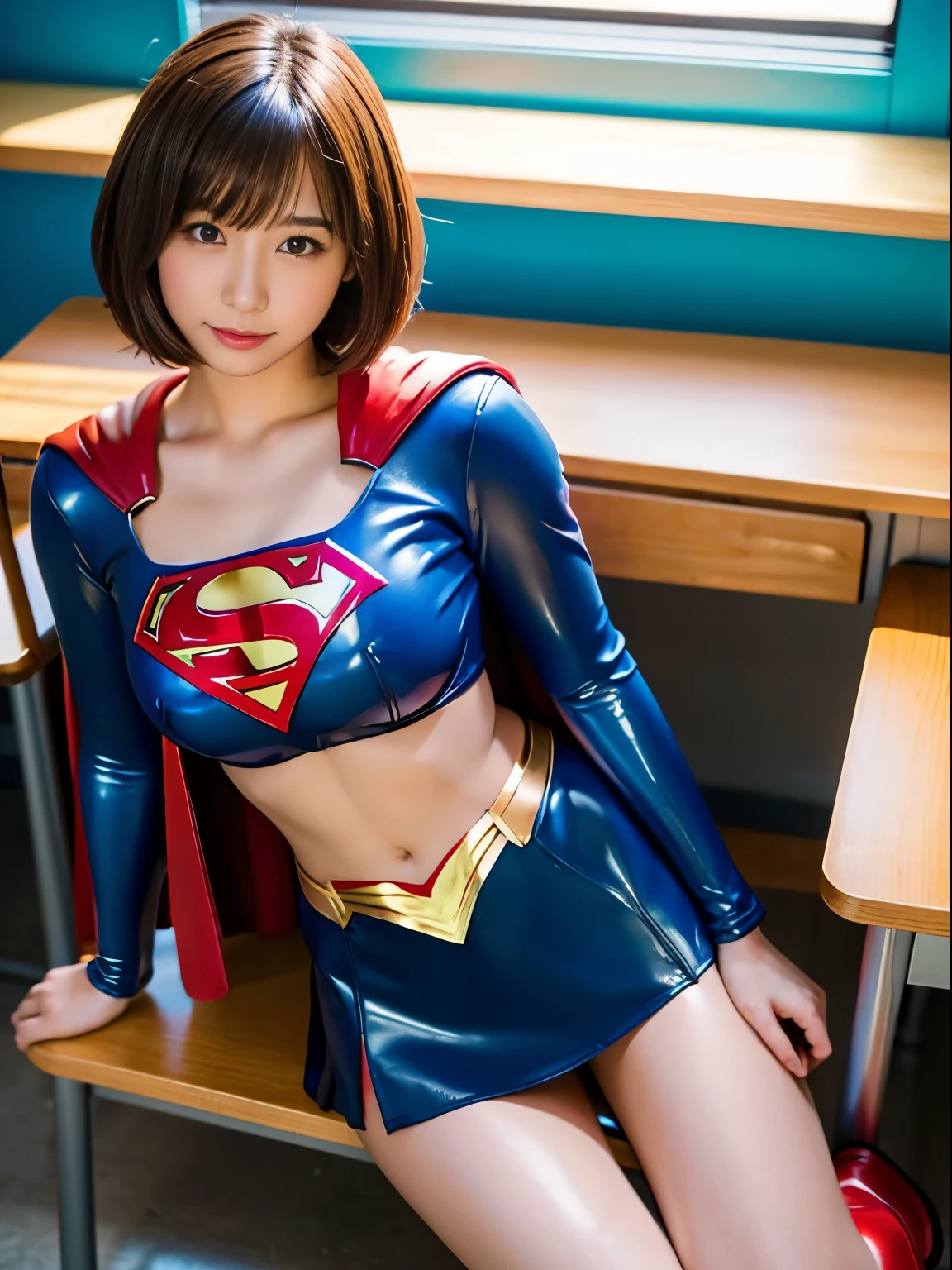 masterpiece、Short-haired Supergirl lying on school desk with legs crossed、large full breasts、Looking at the camera、Glossy enamel costume、Glossy red enamel boots、Too short miniskirt