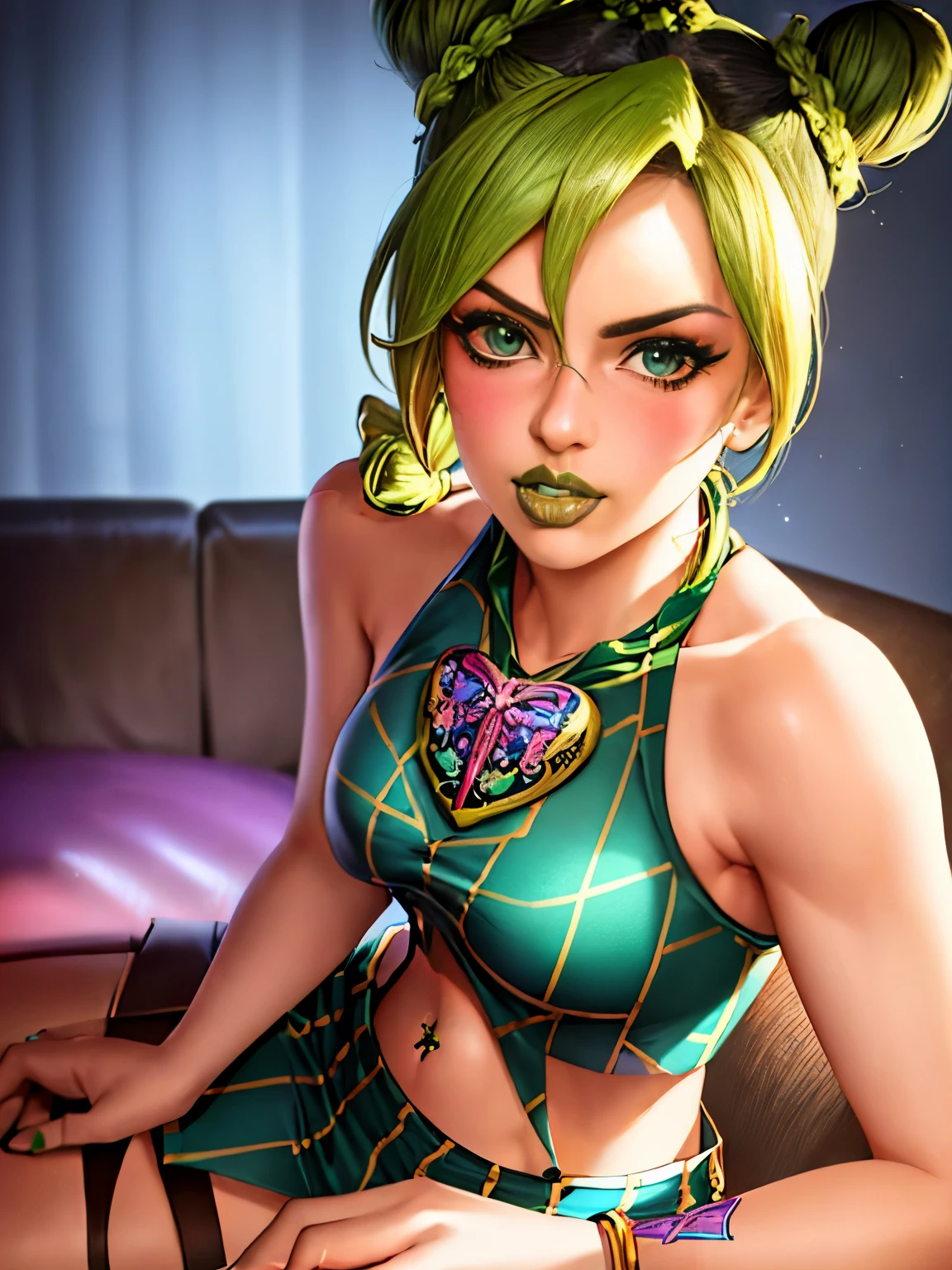 best quality, 1girl, beautiful (kujo_jolyne) sitting on couch, teasing, blush, parted lips, hair buns, braided_ponytail, green_lips, makeup, green_hair, two-tone_hair, halterneck, sleeveless_shirt, clothed, boots, midriff, bright room background, detailed background, fantasy, tall, looking at viewer, masterpiece, film grain, (lens distortion:0.7), (chromatic aberration:0.7), intricate, volumetric lighting, realistic, realistic lighting, cinematic, 8k, cinematic lighting, masterpiece, perfect, hyper-detailed, photorealistic, intricate details, stop motion, tonemapping, sharp focus, hyper detailed, trending on Artstation