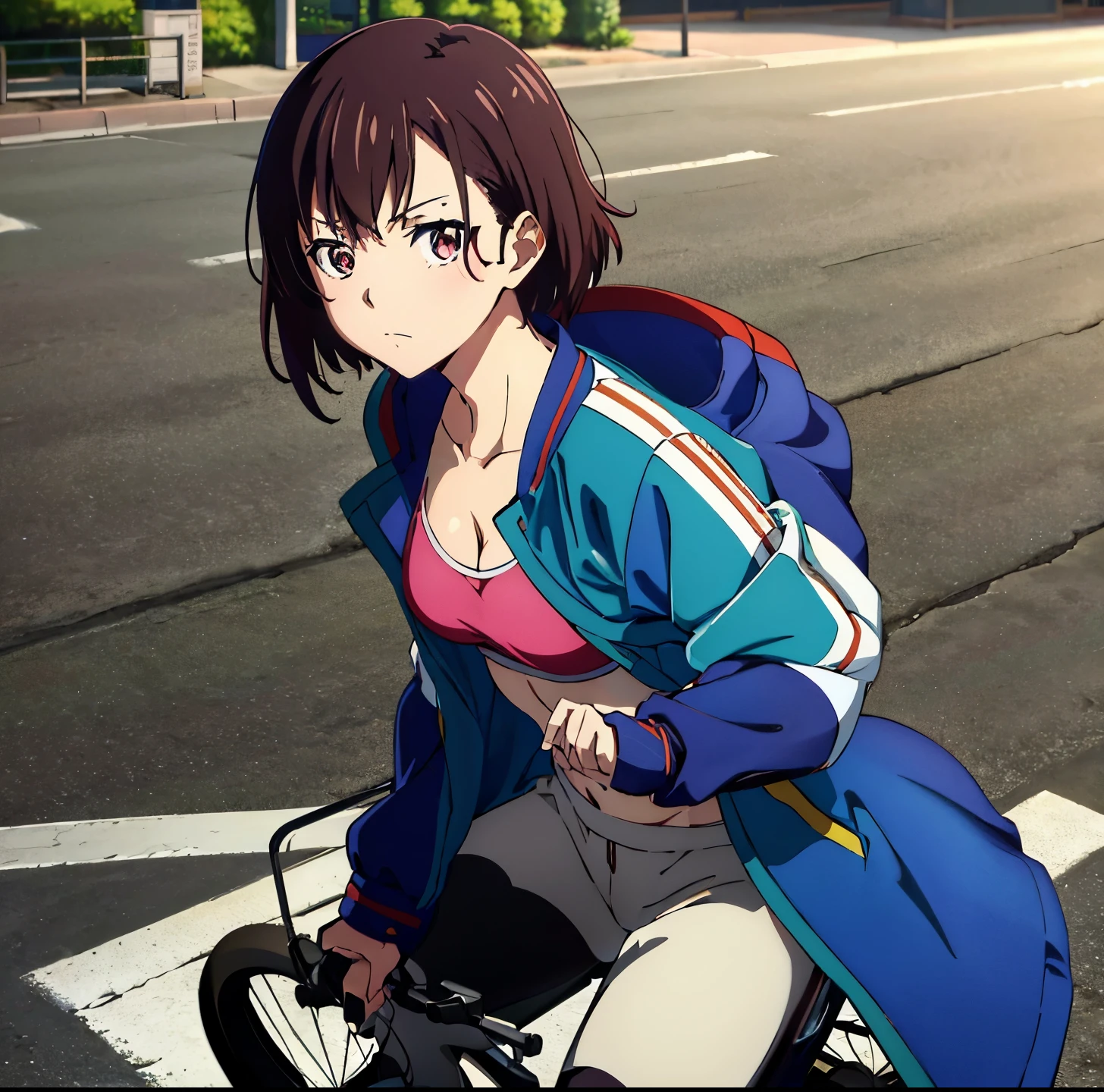 (((masutepiece))), Shizuka Crescent, 1girl in, Solo, Looking at Viewer, Short hair, Brown hair, Long sleeves, cleavage, medium breasts, Closed mouth, 鎖骨, Jacket, Open your clothes, Open jacket, Blue jacket, ground vehicle, Sports Bra, bicycle,