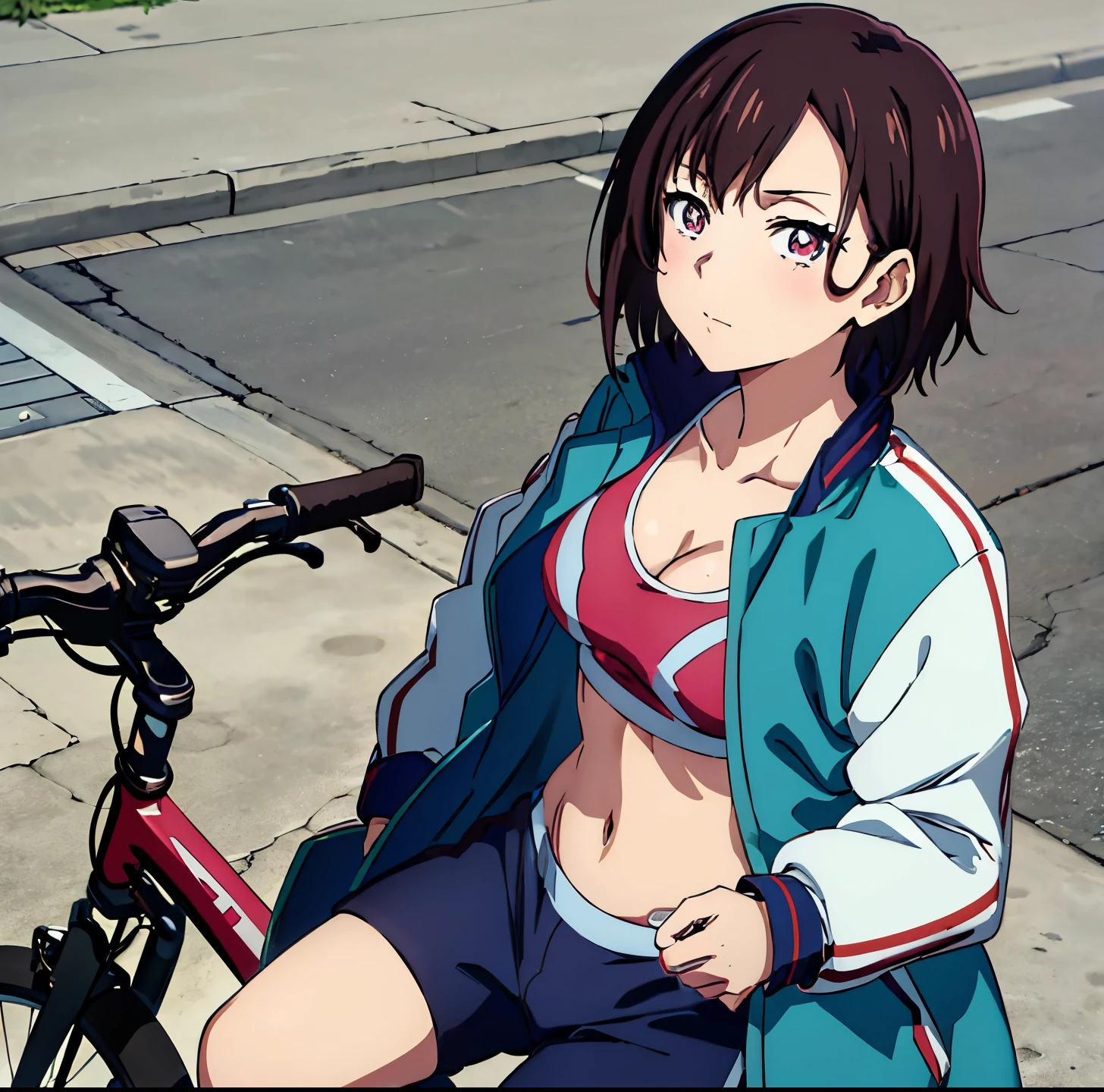 (((masutepiece))), Shizuka Crescent, 1girl in, Solo, Looking at Viewer, Short hair, Brown hair, Long sleeves, cleavage, medium breasts, Closed mouth, 鎖骨, Jacket, Open your clothes, Open jacket, Blue jacket, ground vehicle, Sports Bra, bicycle,