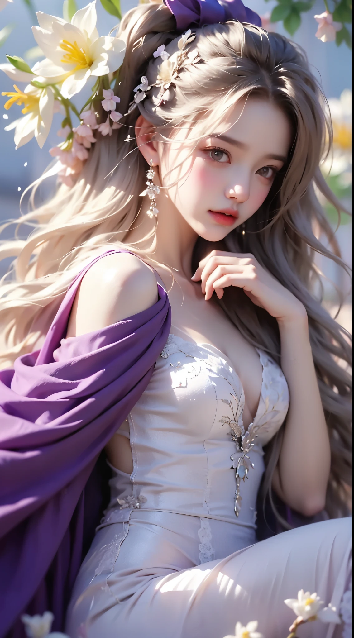 see through、Ren Hao、Shoulders exposed、One hand resting on his lips、头发周围有白色butterflys兰,Lilac dendrobium、orange lily、white lilies、1 girl in、Full body photo、White hair、floated hair、Hazy beauty、Skinless corset dress with extremely beautiful features、Hairpin on the head、Lie in the flowers、Drag your chin with both hands、perfect hand、rosette、(springtime、raining day、butterflys、precipice)、 vectorial art、Chinese contemporary art、softlighting、intertwined scarves、looking-down