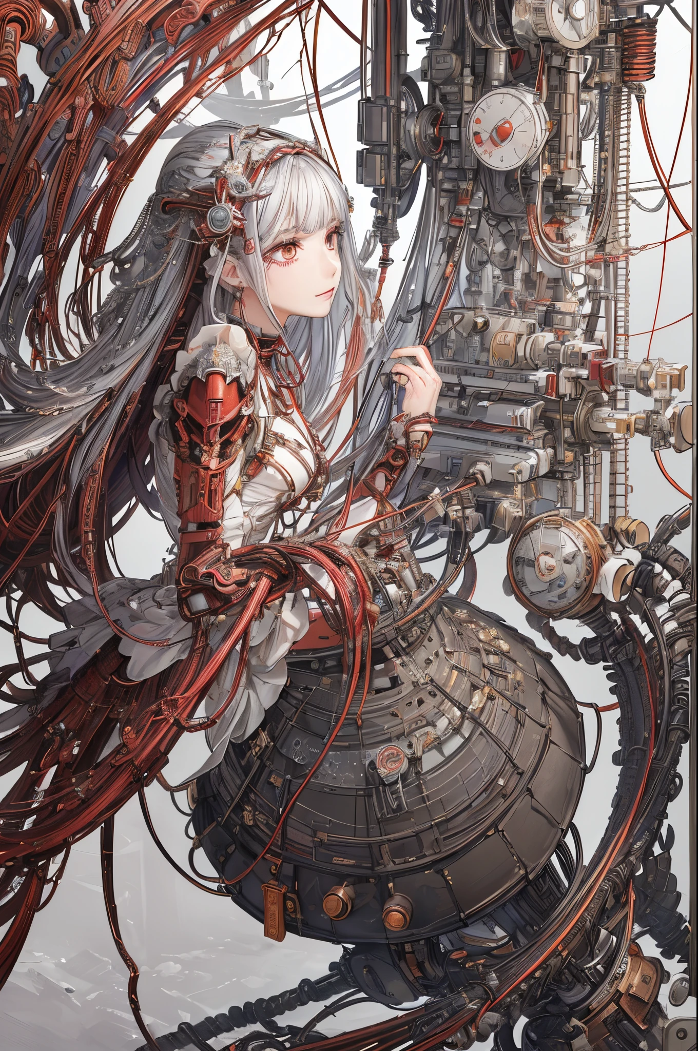 (tmasterpiece, quality, Best quality, offcial art, Beautiful and beautiful:1.2), (1 sister:1.3), The is very detailed,Colorful,The most detailed ((ultra - detailed)), (Highly detailed CG illustration), ((Extremely Delicately Beautiful)),(seen from the side),电影灯光,((1 mechanical girl)),Alone,Full body lesbian,(Machine joint:1.2),((机械肢体bloods管连接到管子 机械椎骨连接到背部),((The mechanical cervical vertebrae are attached to the neck)),(sitted),face expressionless,(wires and cables attaching to neck:1.2),(wires and cables on head:1.2)(Character focus),scientific fiction,white backgrounid,(bloods:1.5)