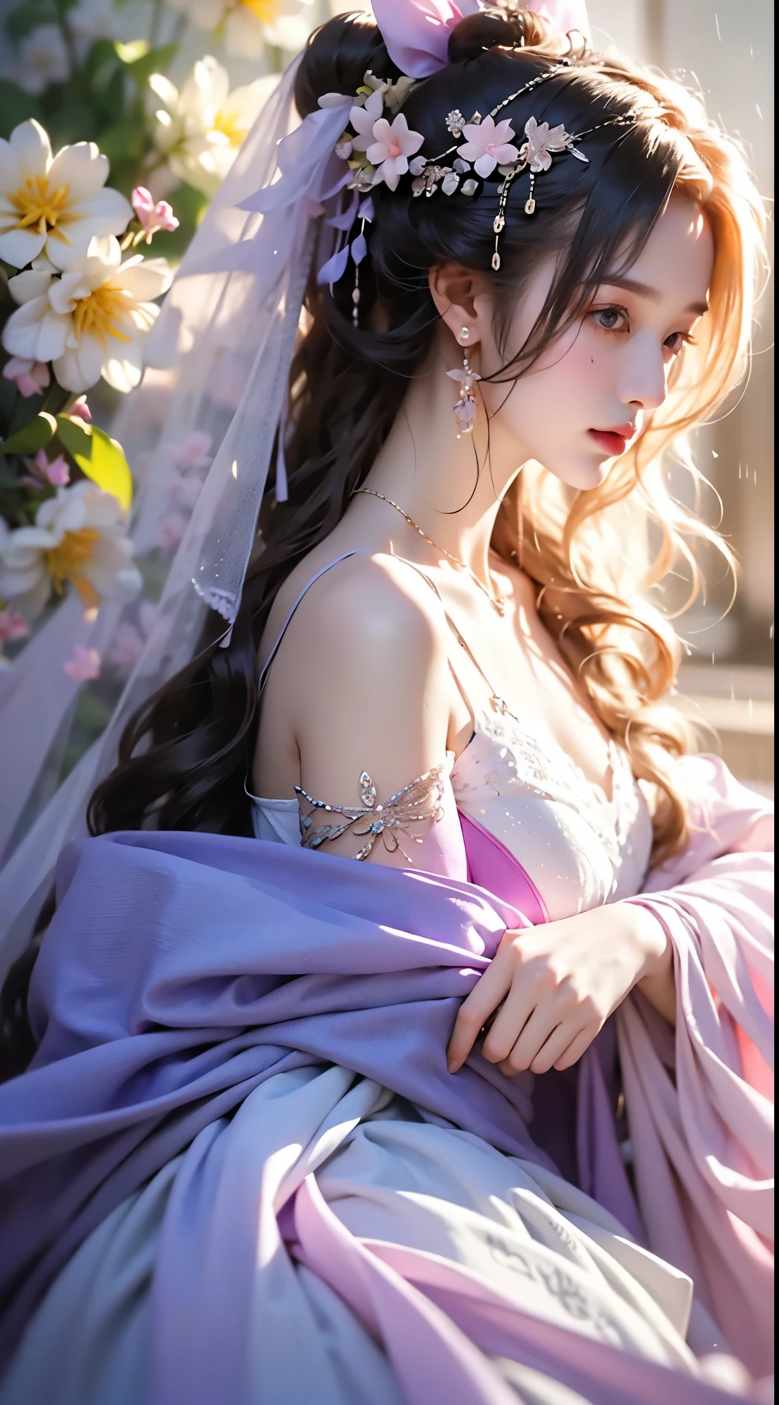 see through、Ren Hao、Shoulders exposed、One hand resting on his lips、头发周围有白色butterflys兰，Lilac dendrobium、orange lily、white lilies、1 girl in、Full body photo、White hair、floated hair、Hazy beauty、Skinless corset dress with extremely beautiful features、Hairpin on the head、Lie in the flowers、Drag your chin with both hands、perfect hand、rosette、(springtime、raining day、butterflys、precipice)、 vectorial art、Chinese contemporary art、softlighting、intertwined scarves、looking-down