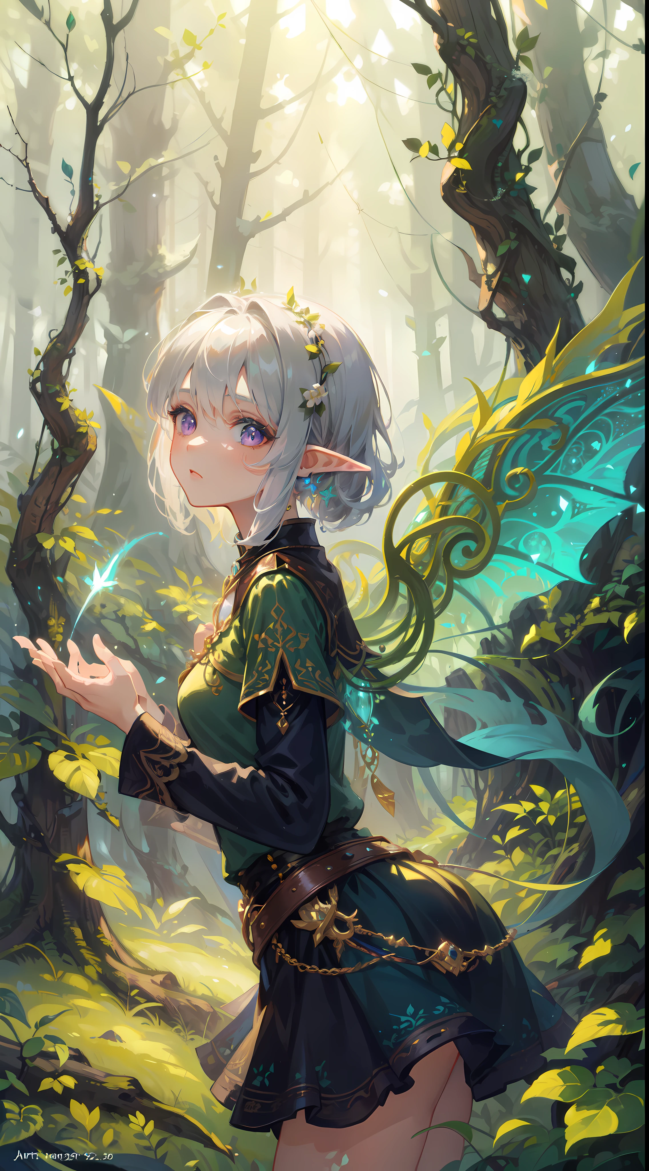 ((masterpiece, best quality)), (Exquisite art style: 1.2 + bright colors: 1.2), (HD wallpaper + ultra-high precision: 1.2), When you think of "elf wings", you will imagine a flowing, elegant elf girl, flying in the air, surrounding the woods and wilderness. Her wings can be white, gold, or silver-gray, shining. She can wear dresses, short skirts or blue silk. Surrounded by trees, flowers and small animals, it  full of nature and magic. The theme "Wings of Elves"  good at depicting brightly colored and detailed dreamy pictures, which lead people's imaginations infinitely to the world of  and fantasy,  BREAK, highly detailed of (elf), (1girl), perfect face,details eye, short hair, low ponytail, Blunt bangs, (hair between eye), white hair, violet eyes, fantasy art by Artgerm, by Kawacy, by Wadim kashin, BREAK, extremely detailed, dynamic angle, cowboyshot, the most beautiful form of chaos, elegant, a brutalist designed, vivid colours, romanticism, BREAK, eyelashes, eyeshadow, pink eyeshadow