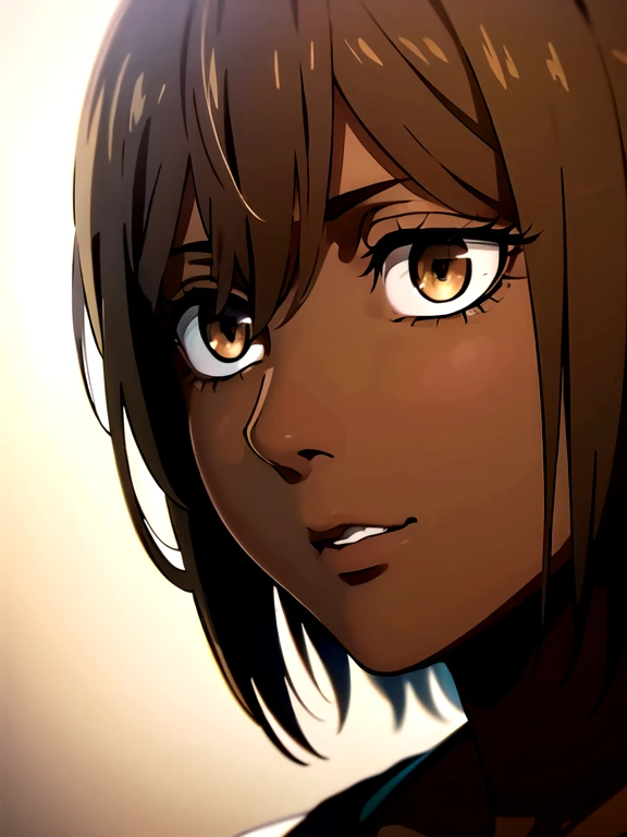 1 girl, (dark skin:1.2), shy, cute, (8k, RAW photo, best quality, masterpiece:1.2) ultra-detailed, Super detailed, vivid colors, studio lighting, blank eyes, white eyes, (detailed eyes, perfect eyes:1.1) brown hair,