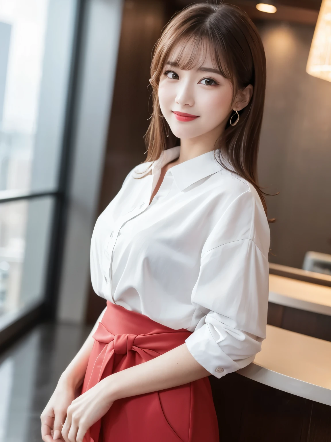 ((Top quality, 8K, Masterpiece: 1.3)), Beautiful girl, Pure, Melon face, Kind and cute, Sweet smile, Pure desire, Slender body, (Front), (Tilted head), ((Looking at camera) ), wearing a casual bright suit, medium hair, long flowing shoulders, round black big eyes, clear big eyes, moist red lips, sweet, standing, hotel reception background, (waist shot),