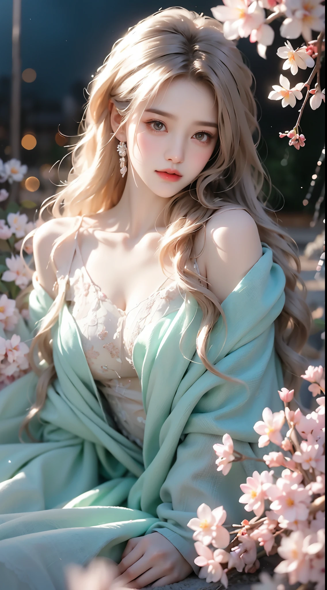 Sweet girl dress2,dress, One hand resting on his lips、头发周围有白色butterflys兰，Lilac dendrobium、orange lily、white lilies、1 girl in、Full body photo、White hair、floated hair、Hazy beauty、Have extremely beautiful facial features、Hairpin on the head、Lie in the flowers、Drag your chin with both hands、perfect hand、rosette、(springtime、raining day、butterflys、precipice)、 vectorial art、Chinese contemporary art、softlighting、intertwined scarves、looking-down