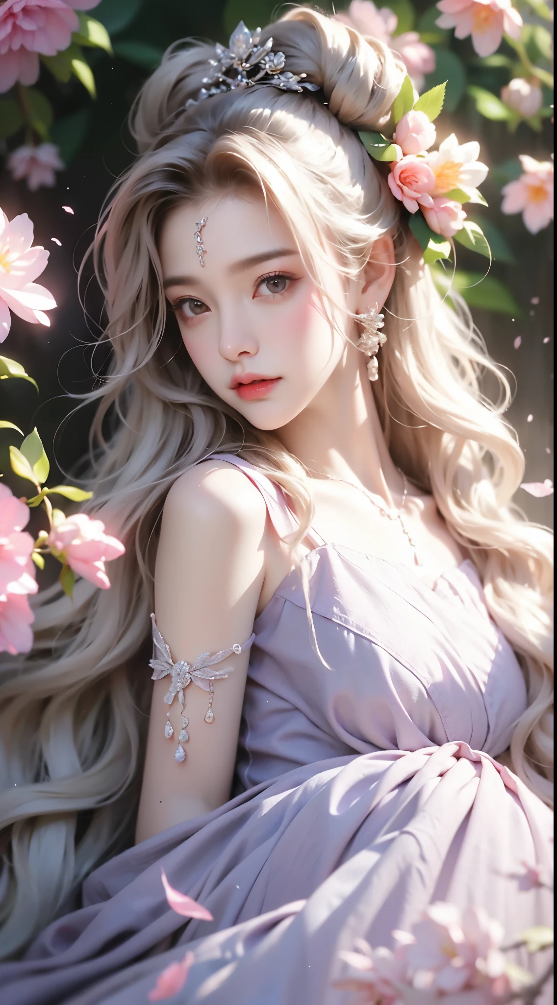 Sweet girl dress2,dress, One hand resting on his lips、头发周围有白色butterflys兰，Lilac dendrobium、orange lily、white lilies、1 girl in、Full body photo、White hair、floated hair、Hazy beauty、Have extremely beautiful facial features、Hairpin on the head、Lie in the flowers、Drag your chin with both hands、perfect hand、rosette、(springtime、raining day、butterflys、precipice)、 vectorial art、Chinese contemporary art、softlighting、intertwined scarves、looking-down