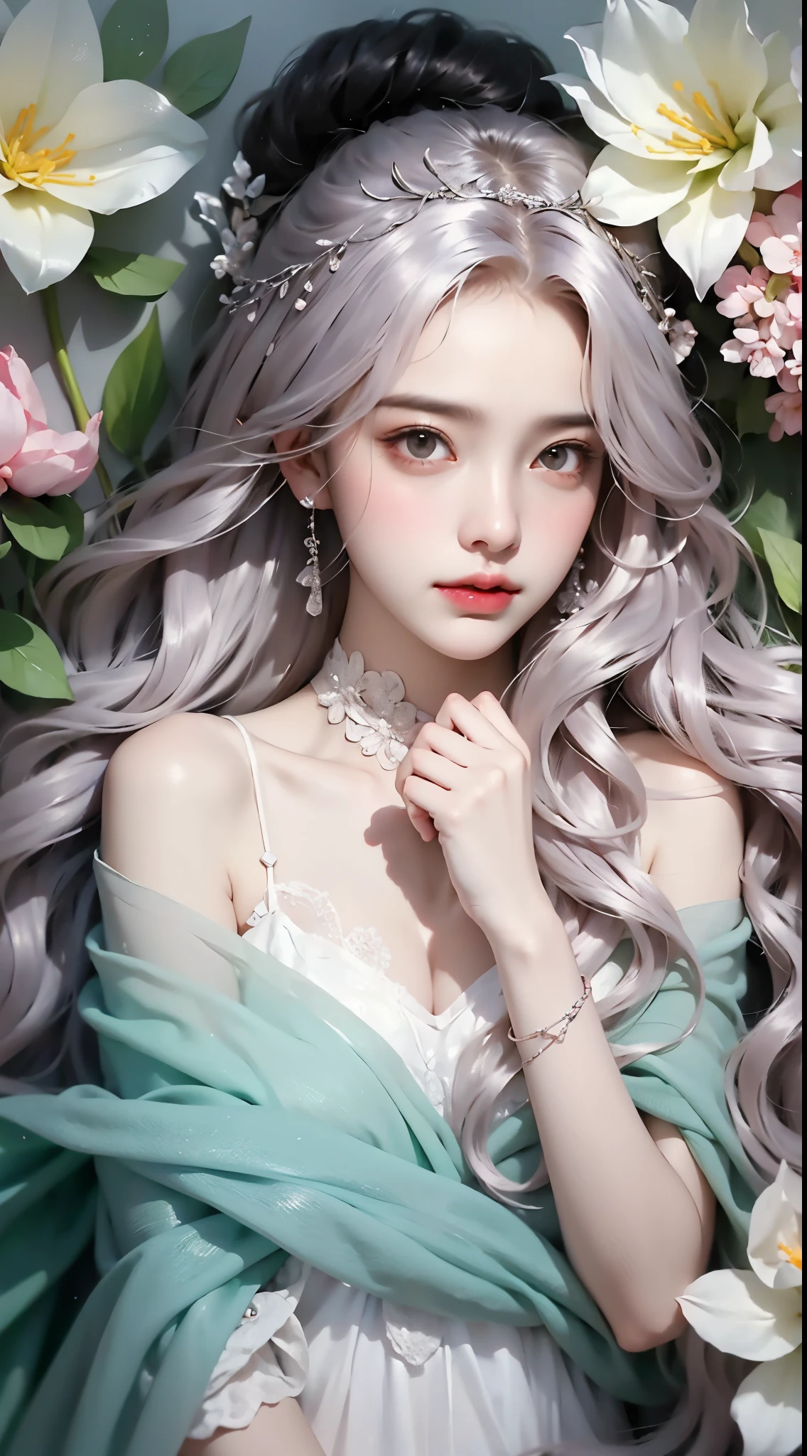 Sweet girl dress2,dress, One hand resting on his lips、头发周围有白色butterflys兰，Lilac dendrobium、orange lily、white lilies、1 girl in、Full body photo、White hair、floated hair、Hazy beauty、Have extremely beautiful facial features、Hairpin on the head、Lie in the flowers、Drag your chin with both hands、perfect hand、rosette、(springtime、raining day、butterflys、precipice)、 vectorial art、Chinese contemporary art、softlighting、intertwined scarves、looking-down